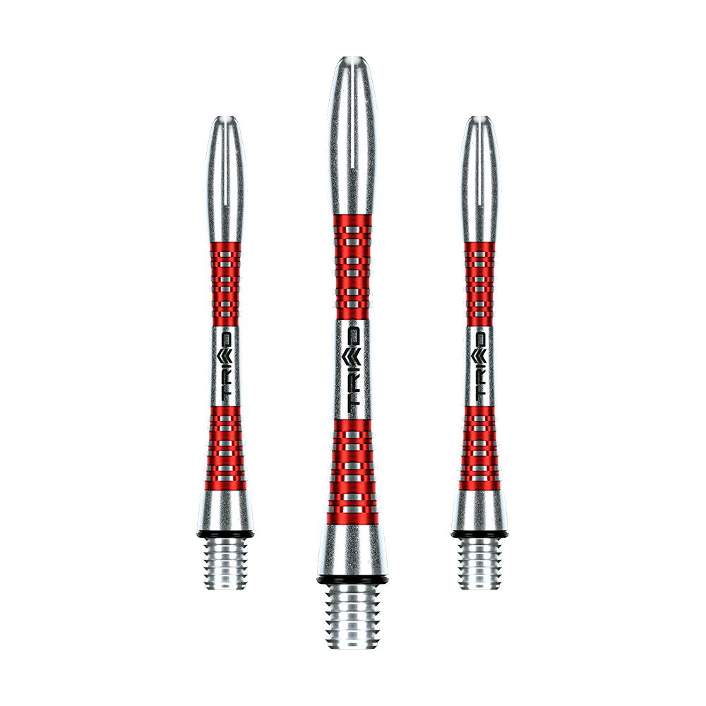 7013-402_Winmau_Triad_Aluminium_Shafts_Rot_41mm_1 Das Bild zeigt drei Winmau Triad Aluminium Shafts in der Farbe Rot. Die Shafts haben ein silber-rotes Design und sind für Dartpfeile geeignet.