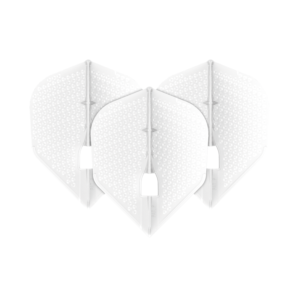 Das Bild zeigt drei weiße Dart-Flights der Marke L-Style in Dimple Champagne L3PRO-Form. Die Flights haben eine strukturierte Oberfläche mit kleinen Vertiefungen.