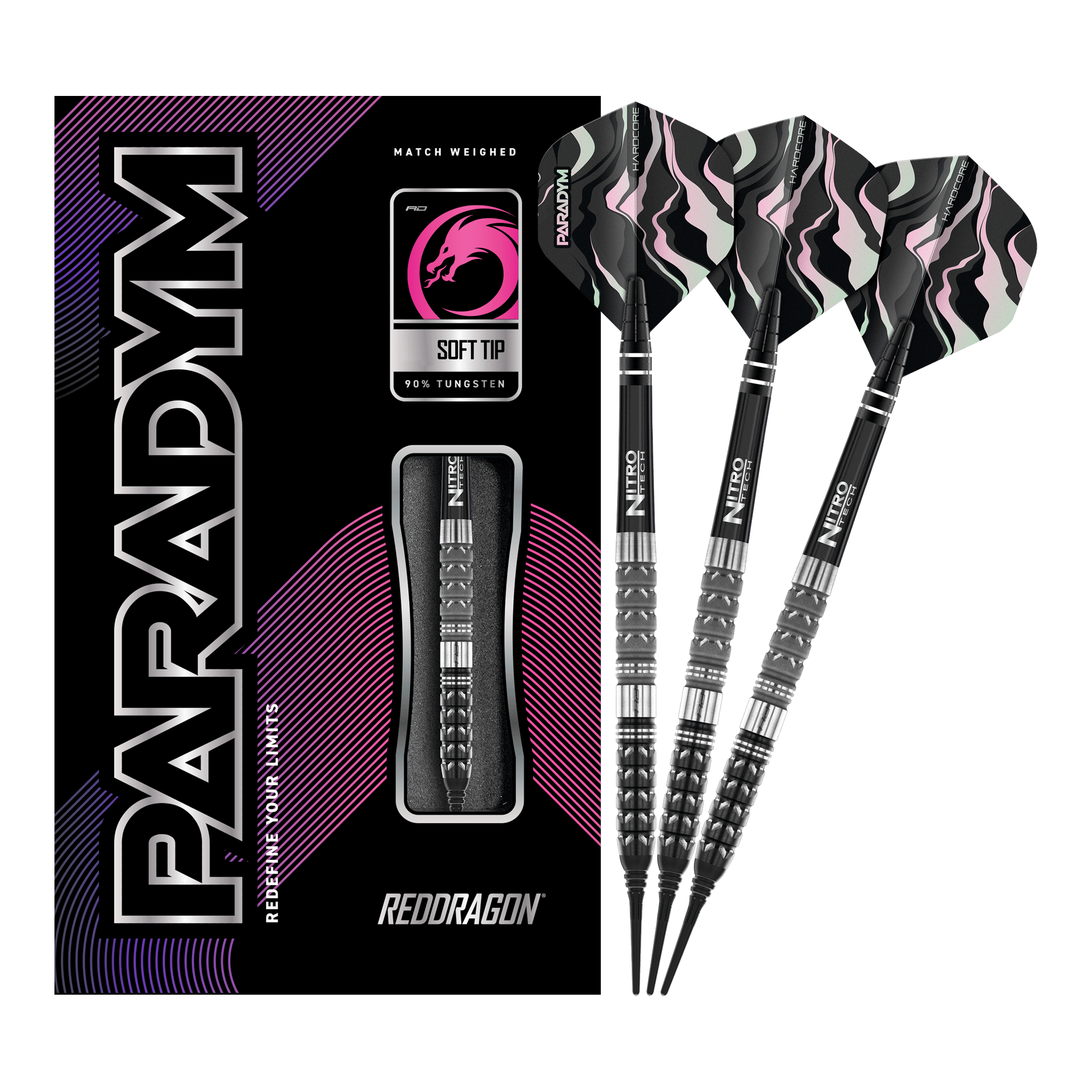 Red Dragon Paradym Tapered Softdarts - 20g Das Bild zeigt die Red Dragon Paradym Tapered Softdarts mit einem Gewicht von 20g. Rechts sind drei stilvolle Softdarts zu sehen, links befindet sich die dazugehörige Verpackung.