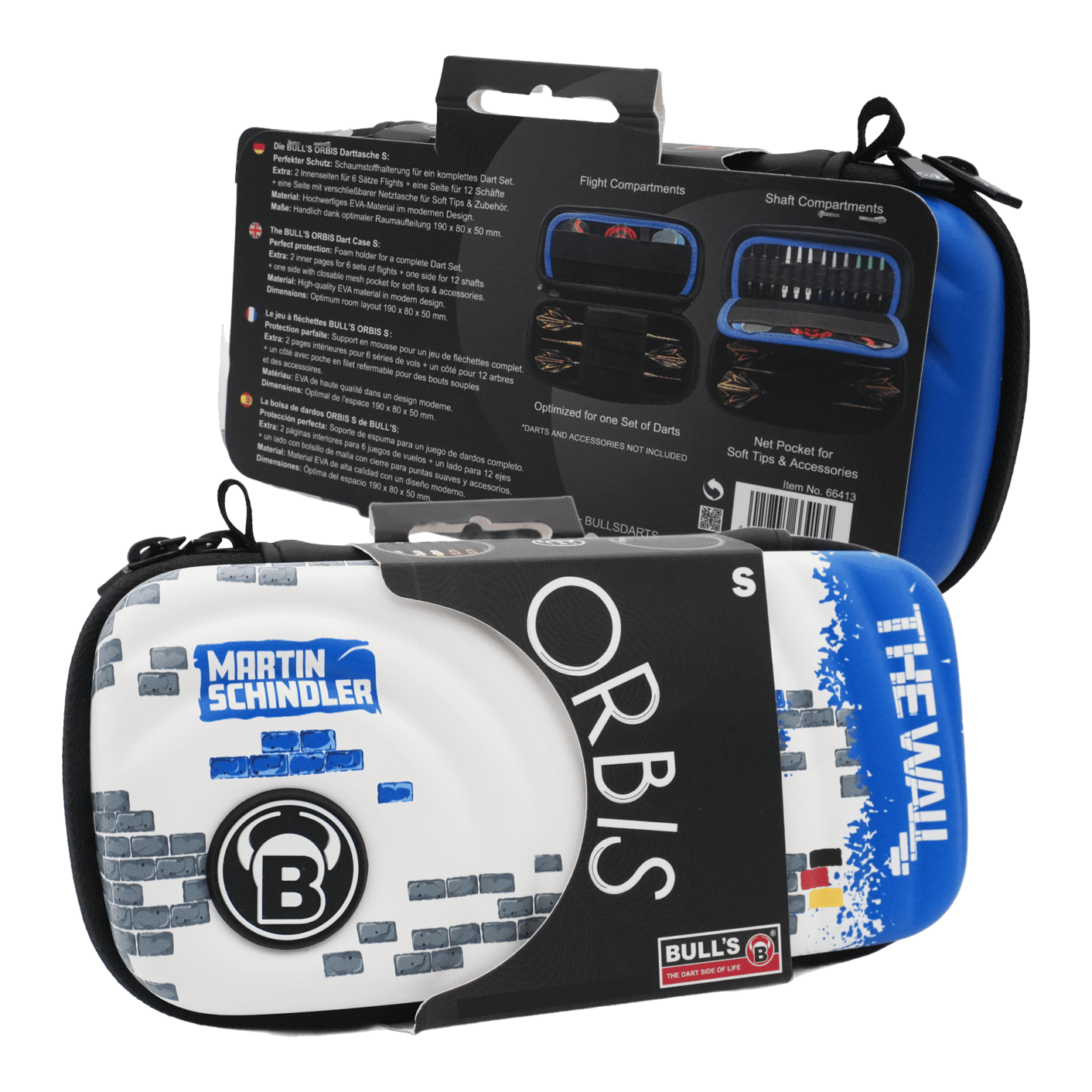 Das Bild zeigt das Produkt "Bulls Orbis S Martin Schindler Dartcase" in einer Verpackung. Das Dartcase ist bunt gestaltet und trägt den Namen "Martin Schindler" sowie "The Wall".