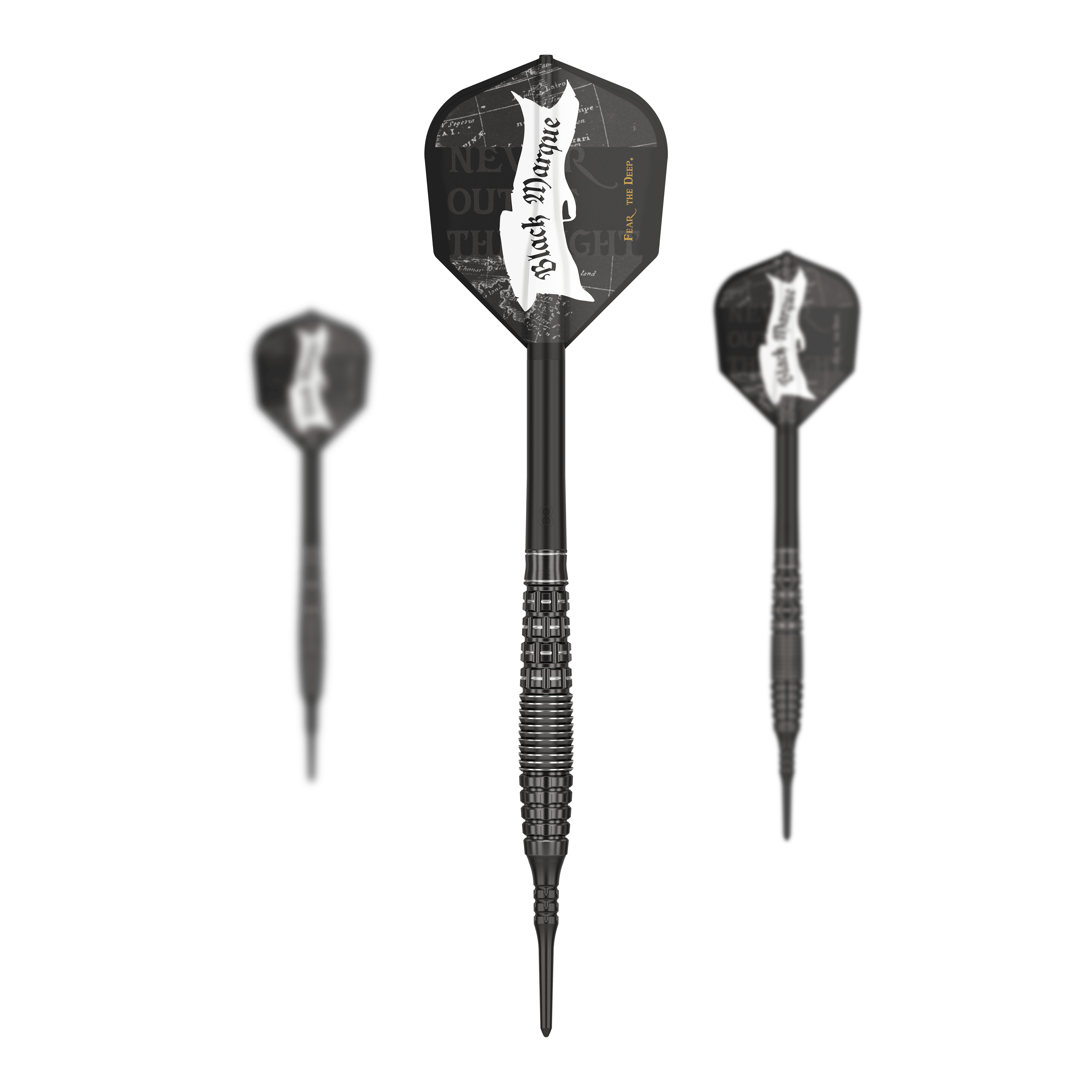Auf dem Bild sind drei schwarze Softdarts mit der Aufschrift „Black Marque“ zu sehen. Es handelt sich um das Produkt „Target Japan Black Marque Phantom Softdarts - 18g“.