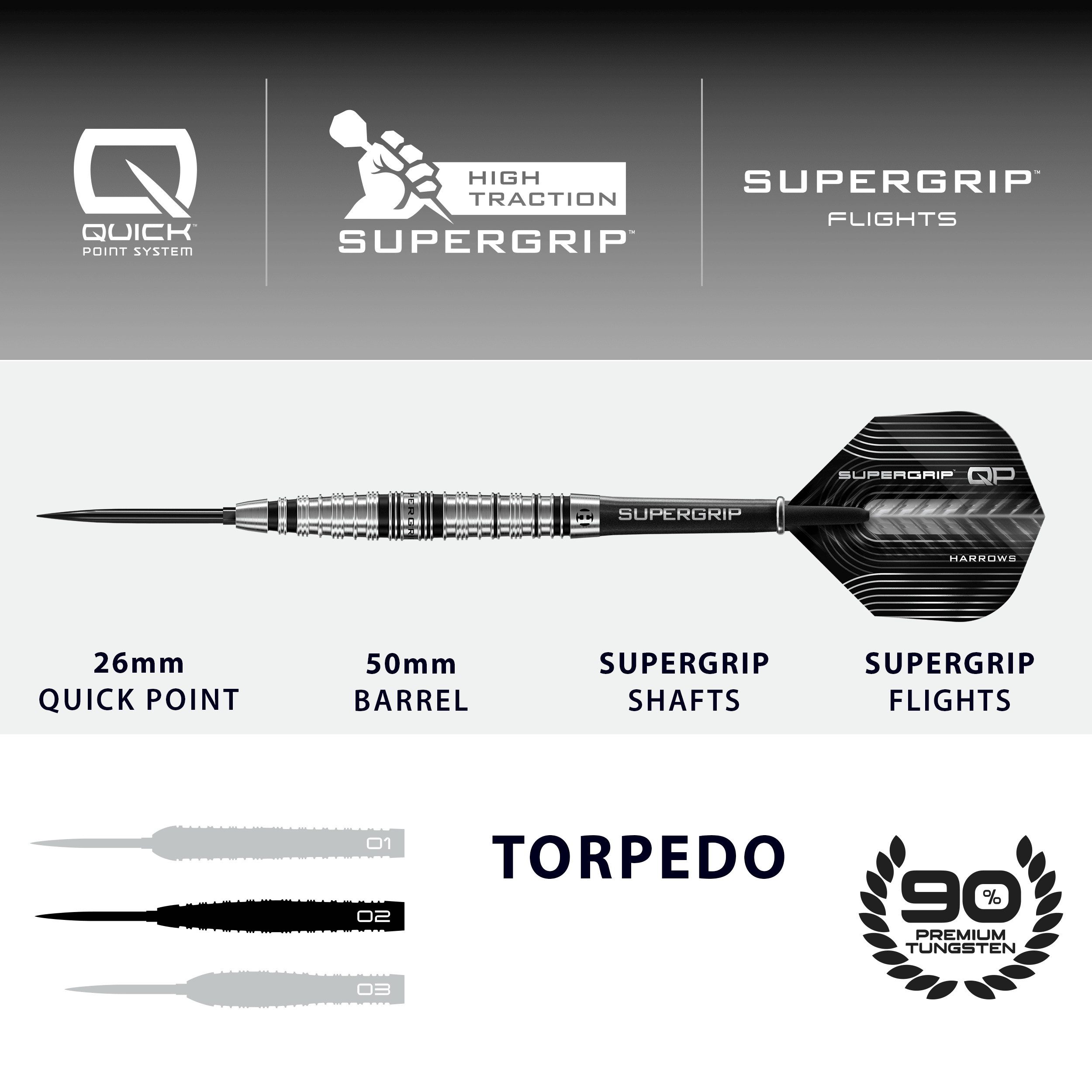 Harrows Supergrip Torpedo Quick Point Steeldarts Dieses Bild zeigt die Harrows Supergrip Torpedo Quick Point Steeldarts. Der Artikel ist in Nahaufnahme zu sehen.