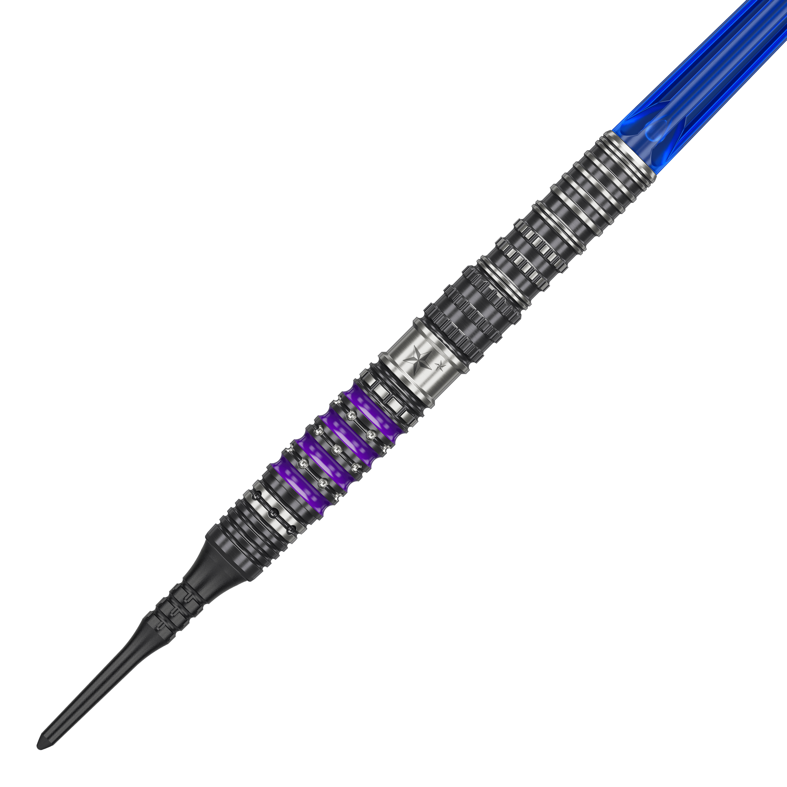 Target Japan Prime Series Sirius GEN4 Softdarts - 21,5g Dies ist der Target Japan Prime Series Sirius GEN4 Softdart mit einem Gewicht von 21,5g. Der Dart hat ein futuristisches Design mit silbernen, schwarzen und lila Akzenten sowie einem blauen Schaft.