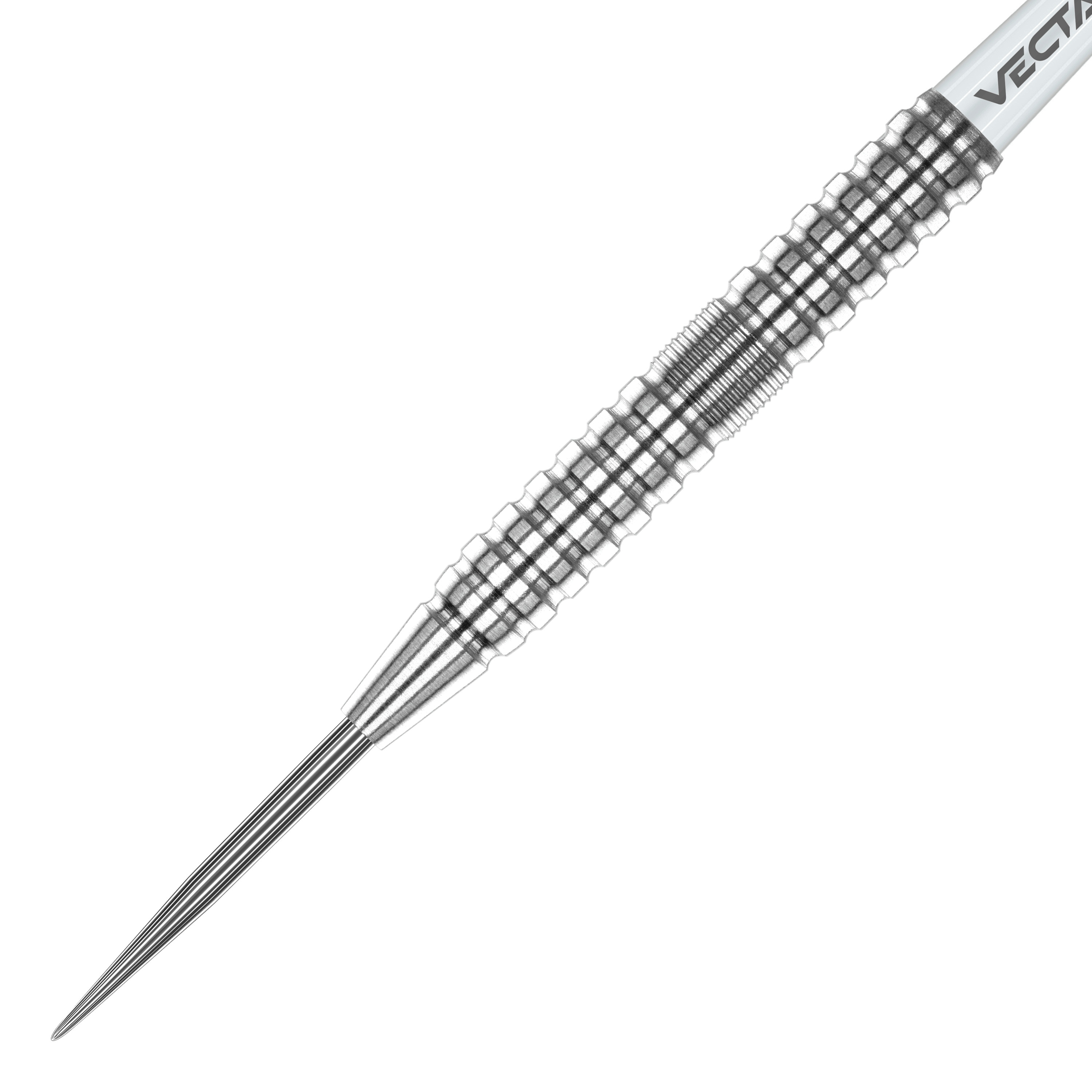Winmau Willie OConnor Steeldarts - 23g Das Bild zeigt einen silbernen Winmau Willie OConnor Steeldart mit einem Gewicht von 23g. Der Dartpfeil hat eine strukturierte und geriffelte Oberfläche für besseren Halt.