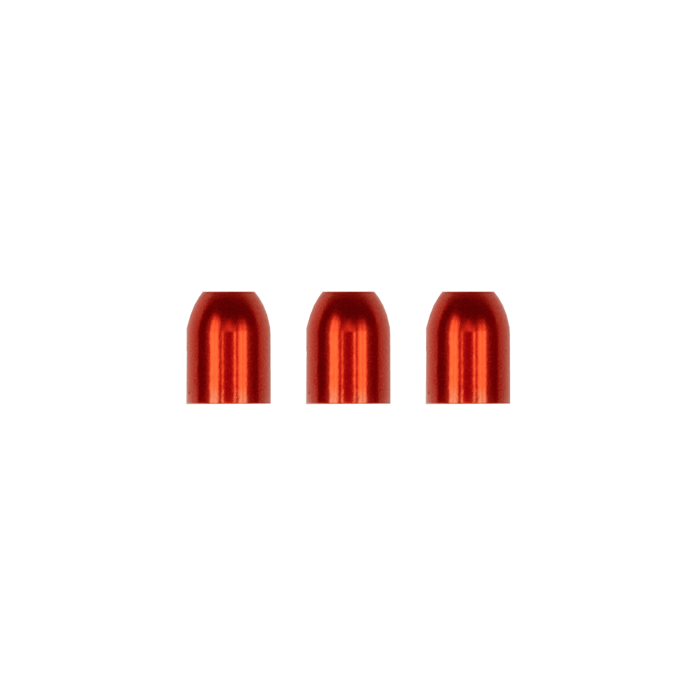 LCR-OR_L-Style_Premium_Metall_Champagne_Ringe_Orange_1 Das Bild zeigt drei metallische, rot glänzende L-Style Premium Champagne Ringe. Sie sind gleichmäßig nebeneinander auf einem neutralen Hintergrund angeordnet.