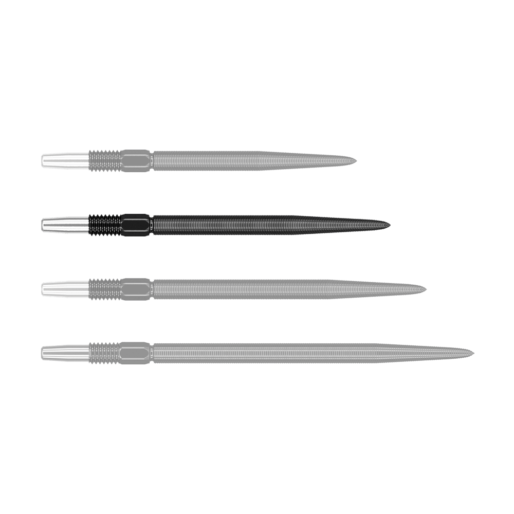 Auf dem Bild sind vier schwarze Dartspitzen in einer Reihe zu sehen. Die Spitzen sind aus Metall und haben ein geriffeltes Muster am oberen Ende.