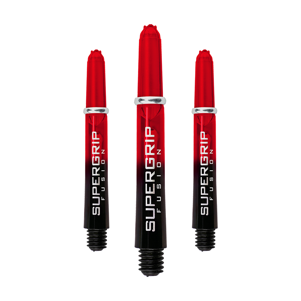 Das Bild zeigt drei Harrows Supergrip Fusion Shafts in der Farbe Rot. Die Schäfte sind schlank und verlaufen von rot zu schwarz mit weißem Schriftzug.