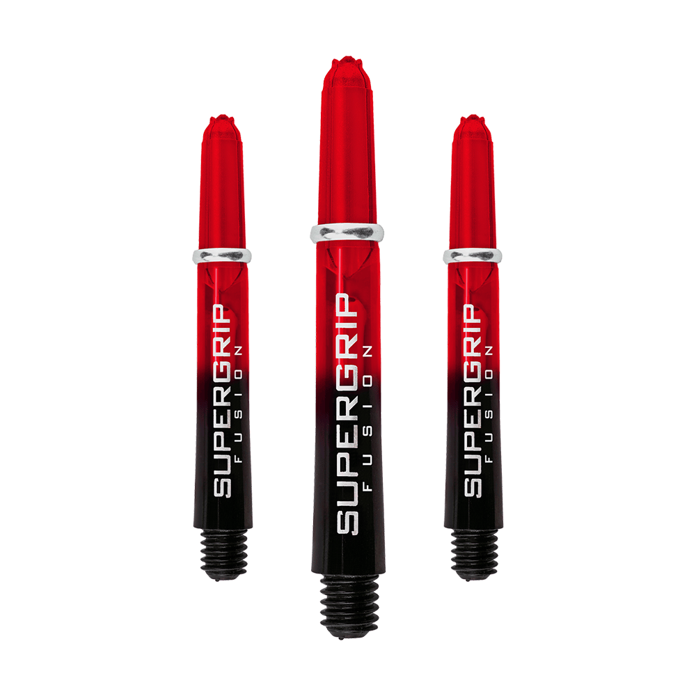 HR342_Harrows_Supergrip_Fusion_Shafts_Rot_33mm_1GBE24hOlpSNJO Das Bild zeigt drei Harrows Supergrip Fusion Shafts in der Farbe Rot. Die Schäfte sind schlank und verlaufen von rot zu schwarz mit weißem Schriftzug.