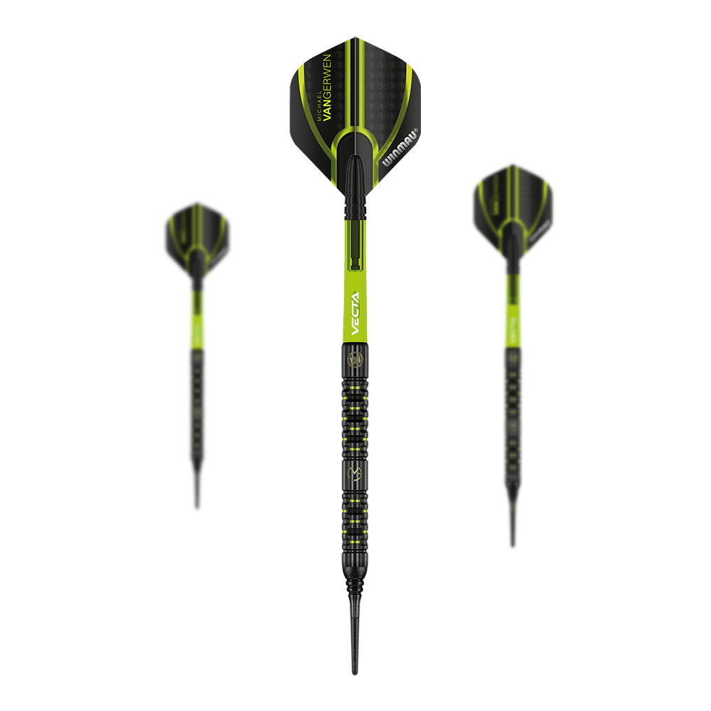 Das Bild zeigt die Winmau Michael Van Gerwen MvG Adrenalin Softdarts. Die Darts sind schwarz und grün und haben ein modernes, sportliches Design.