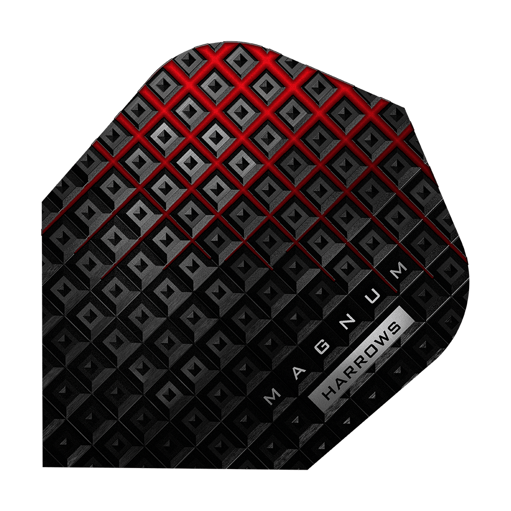 Dies ist ein Harrows Prime Magnum Reloaded Standard Flight. Das Design ist schwarz mit roten und grauen geometrischen Mustern und den Aufschriften „MAGNUM“ und „HARROWS“.