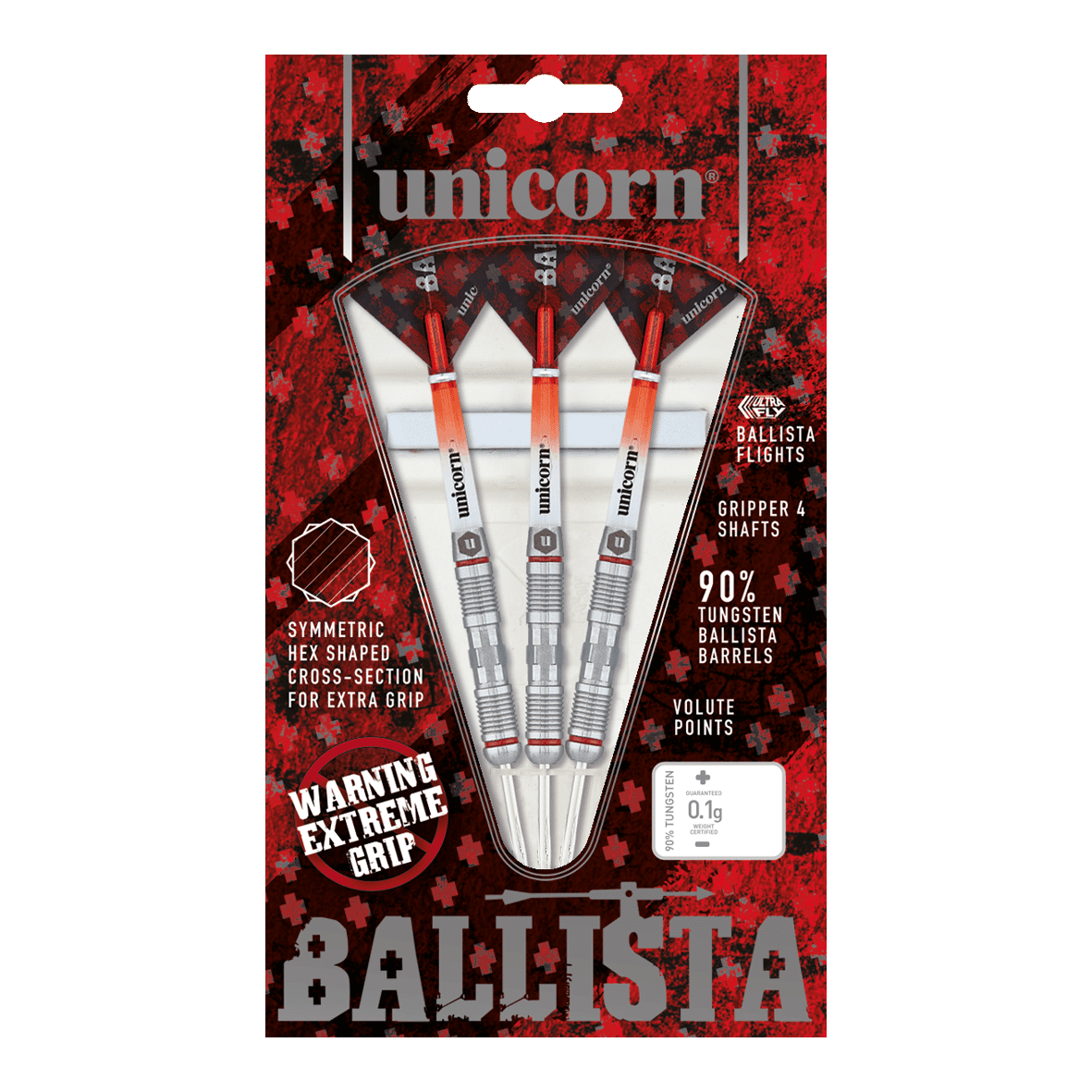 Das Bild zeigt eine Packung "Unicorn Ballista Style 2 Steeldarts" mit drei Darts. Die Verpackung hebt den extremen Grip und den 90%igen Tungsten-Anteil der Barrels hervor.