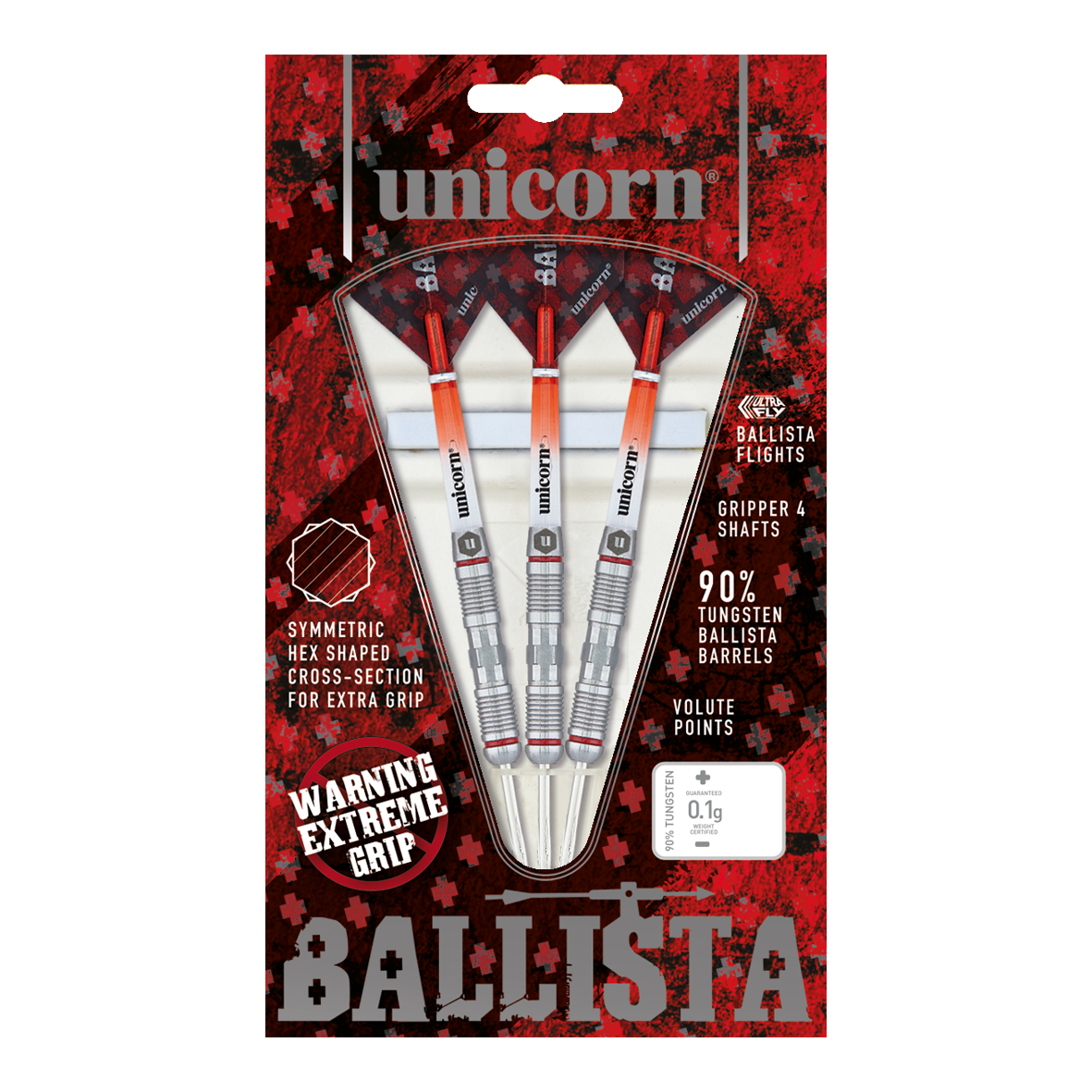 Unicorn Ballista Style 2 Steeldarts Das Bild zeigt eine Packung "Unicorn Ballista Style 2 Steeldarts" mit drei Darts. Die Verpackung hebt den extremen Grip und den 90%igen Tungsten-Anteil der Barrels hervor.