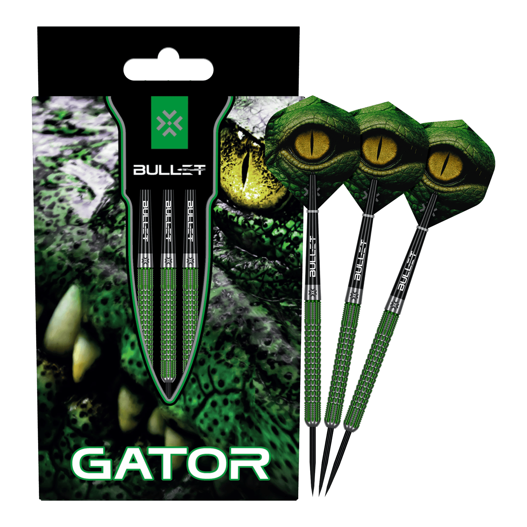 Bullet Gator Steeldarts Das Bild zeigt die Bullet Gator Steeldarts. Es handelt sich um Steeldarts für den Präzisions-Dartsport.