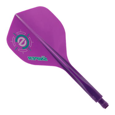 Das Bild zeigt ein lila Dart-Flightsystem mit der Aufschrift "Sniper". Es handelt sich um das Modell "Condor Axe 120 Connor Scutt Sniper Purple Flight-System - Standard".