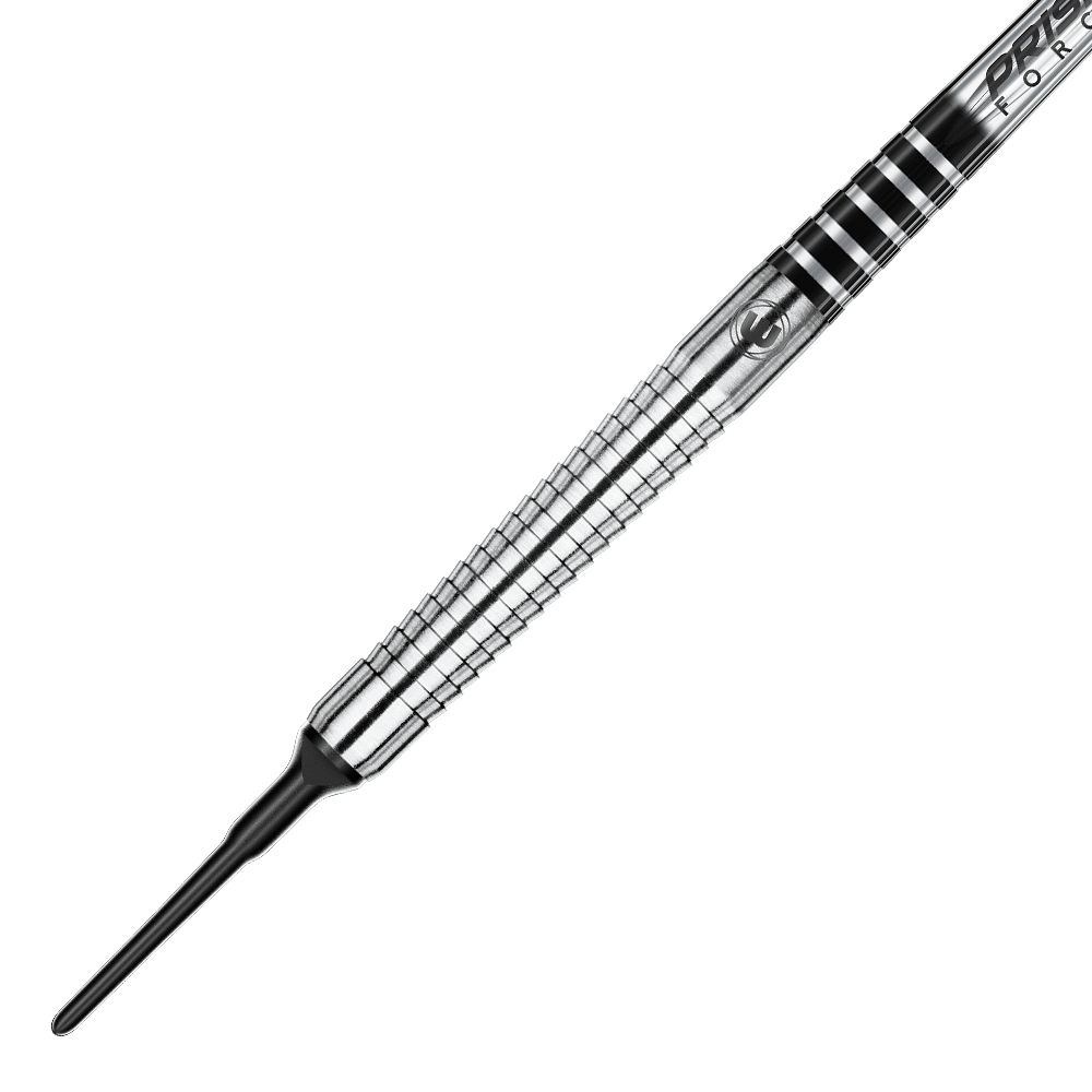 Das Bild zeigt den vorderen Teil eines Softdarts mit Metallgriff und schwarzer Kunststoffspitze. Der Griff hat ein silbernes, geriffeltes Design mit schwarzen Ringen.