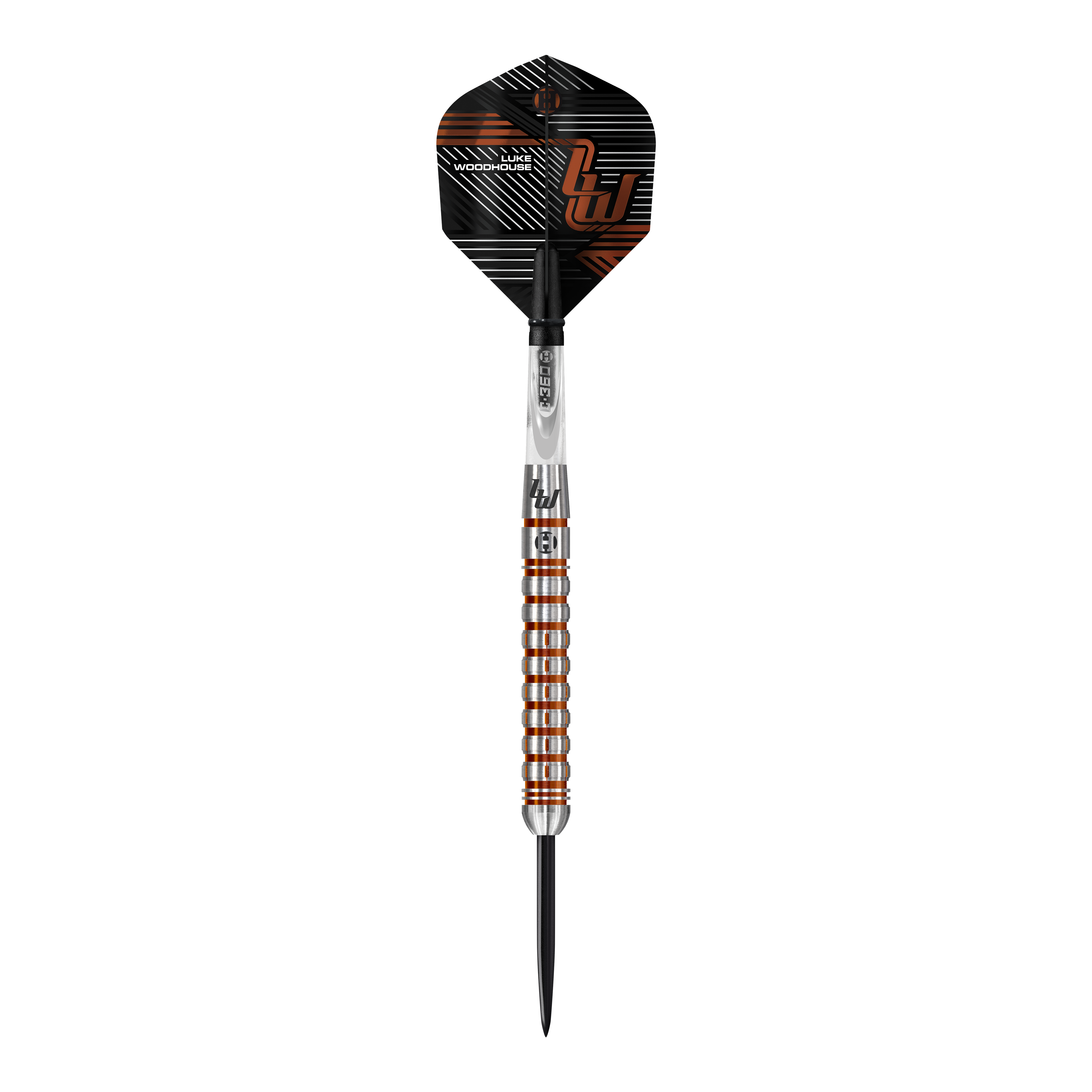 Harrows Luke Woodhouse Series 2 Steeldarts Das Bild zeigt einen Steeldart der Marke "Harrows Luke Woodhouse Series 2". Der Dart hat ein auffälliges Design mit silbernen und bronzefarbenen Ringen am Griff und einer schwarz-orangen Flights.