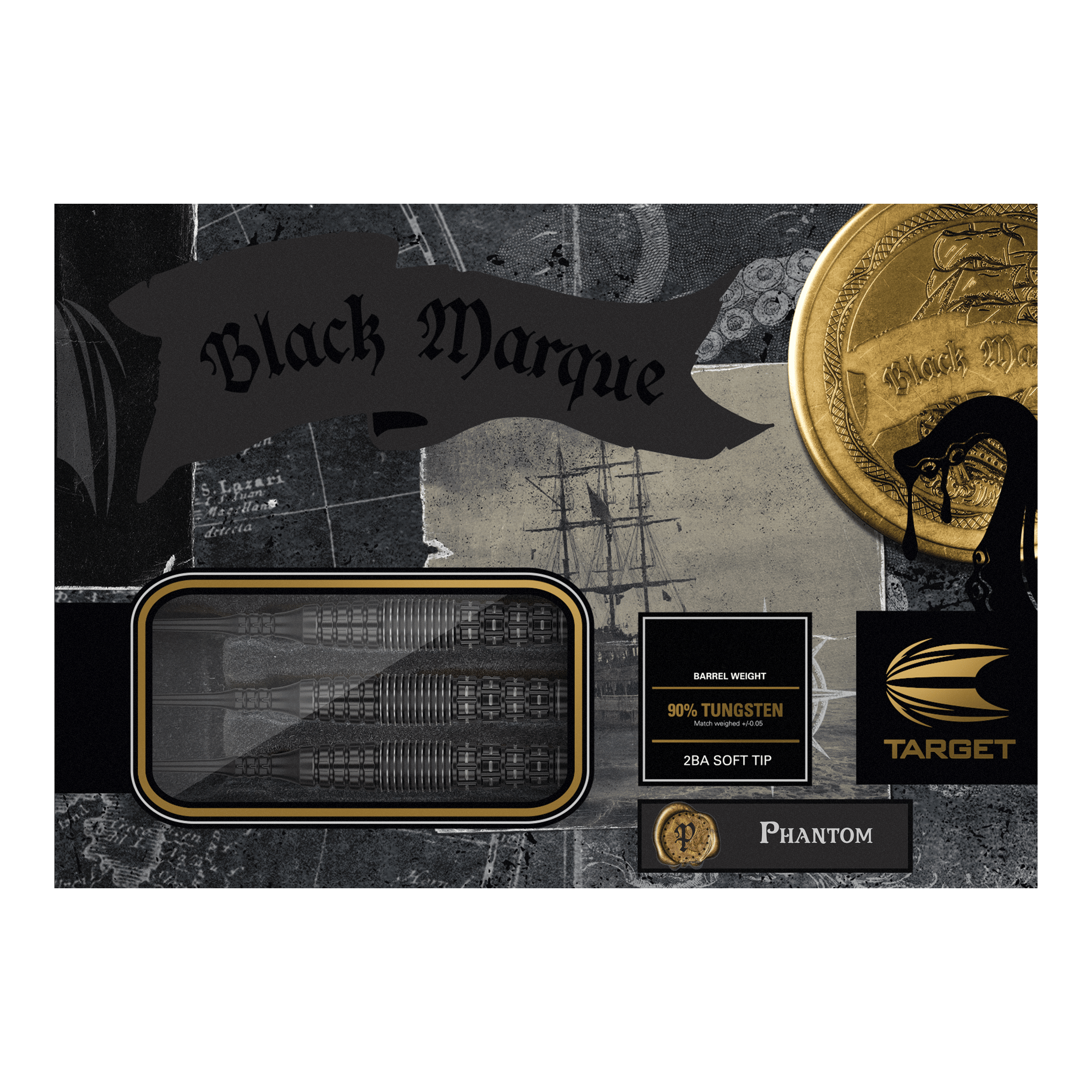 Das Bild zeigt die Verpackung der "Target Japan Black Marque Phantom Softdarts - 18g". Die Darts bestehen zu 90% aus Wolfram und haben eine 2BA Softspitze.