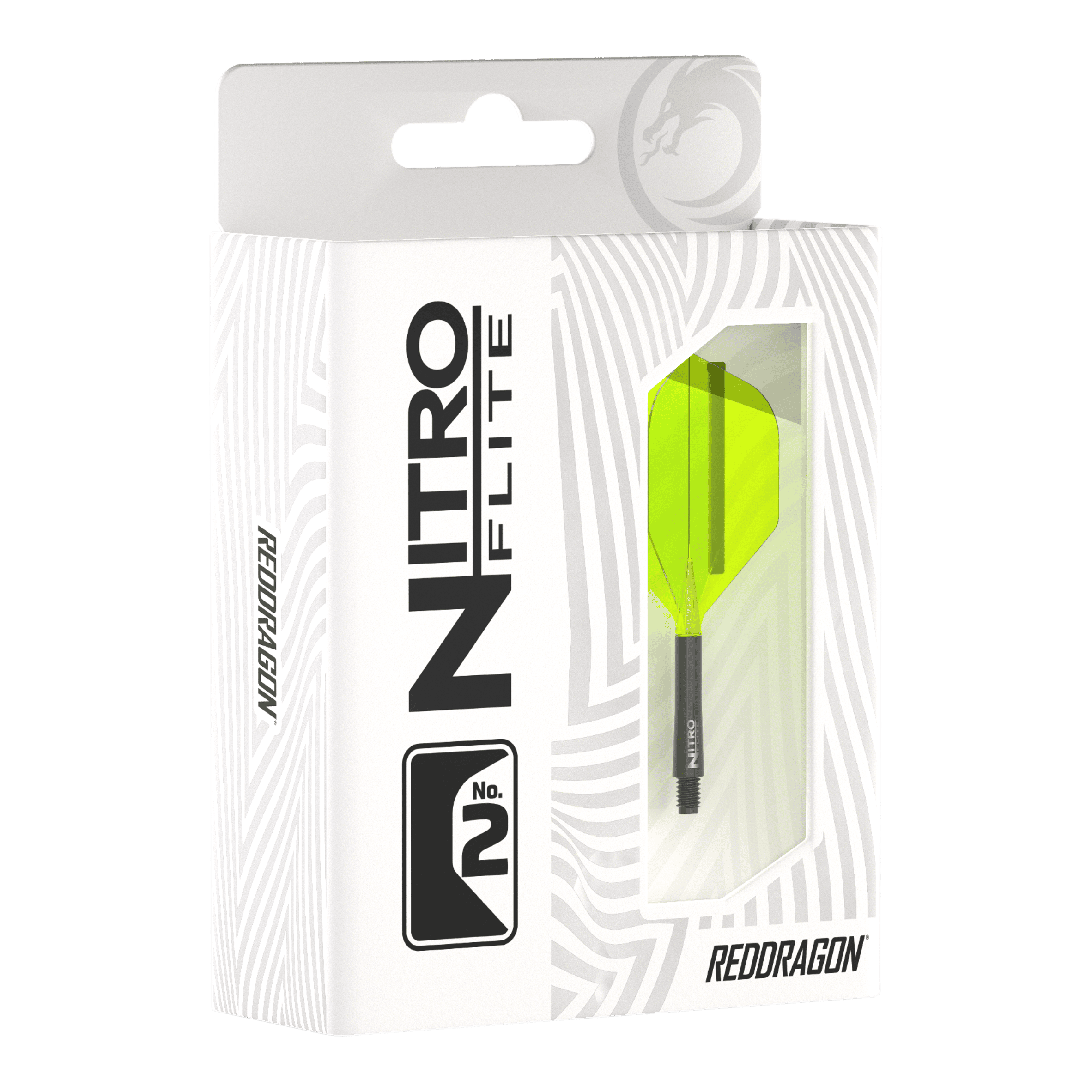 Die Abbildung zeigt die Verpackung des Produkts "Red Dragon Nitroflite - Black Shaft Yellow No2 Flights". In der Packung ist ein Dartflight mit gelben Flügeln und schwarzem Schaft zu sehen.