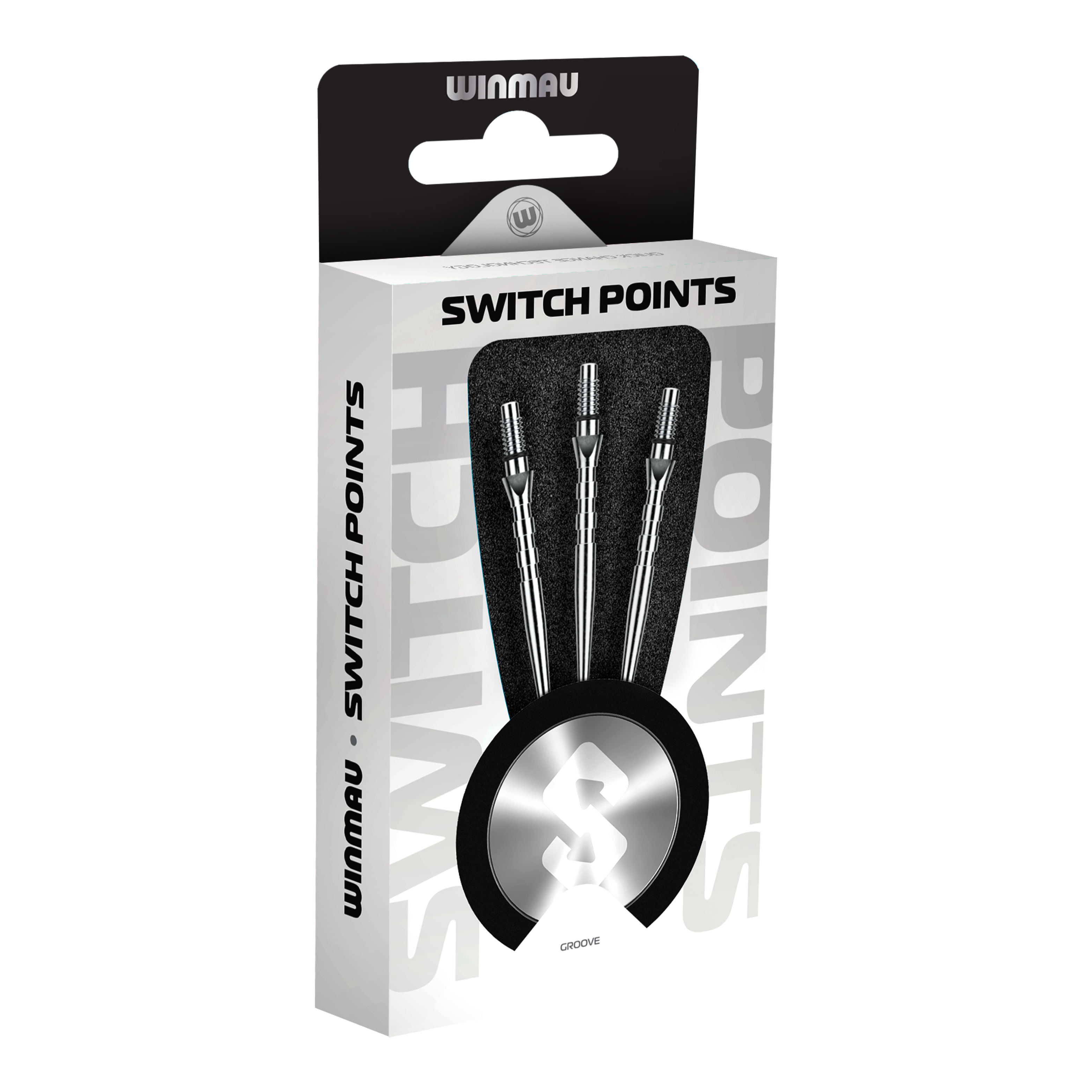 Das Bild zeigt Winmau Switch Point Groove Steeldartspitzen im Silver Effect. Die Dartspitzen besitzen Rillen und eine silberne Oberfläche.