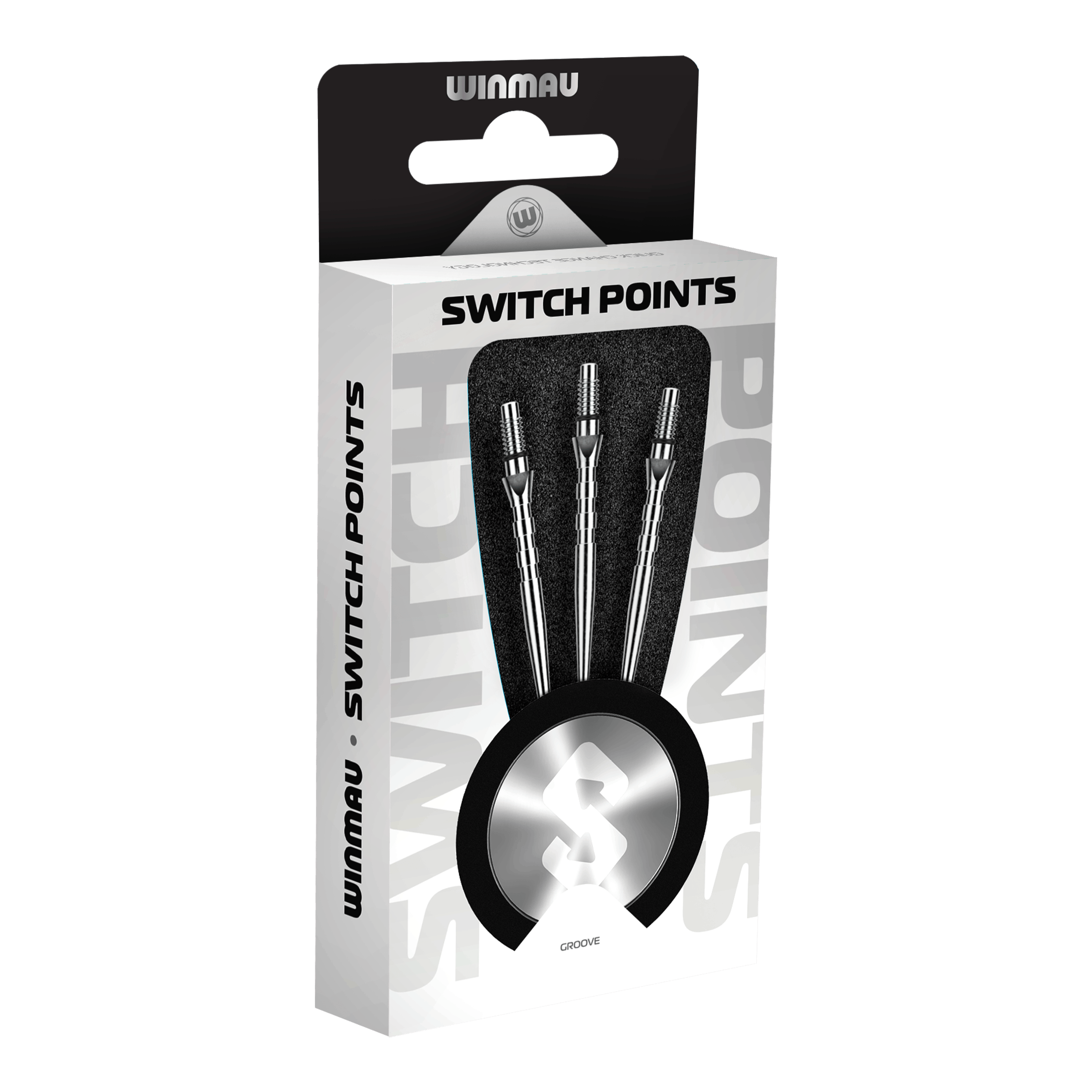 Winmau Switch Point Groove Steeldartspitzen - Silver Effect Das Bild zeigt Winmau Switch Point Groove Steeldartspitzen im Silver Effect. Die Dartspitzen besitzen Rillen und eine silberne Oberfläche.