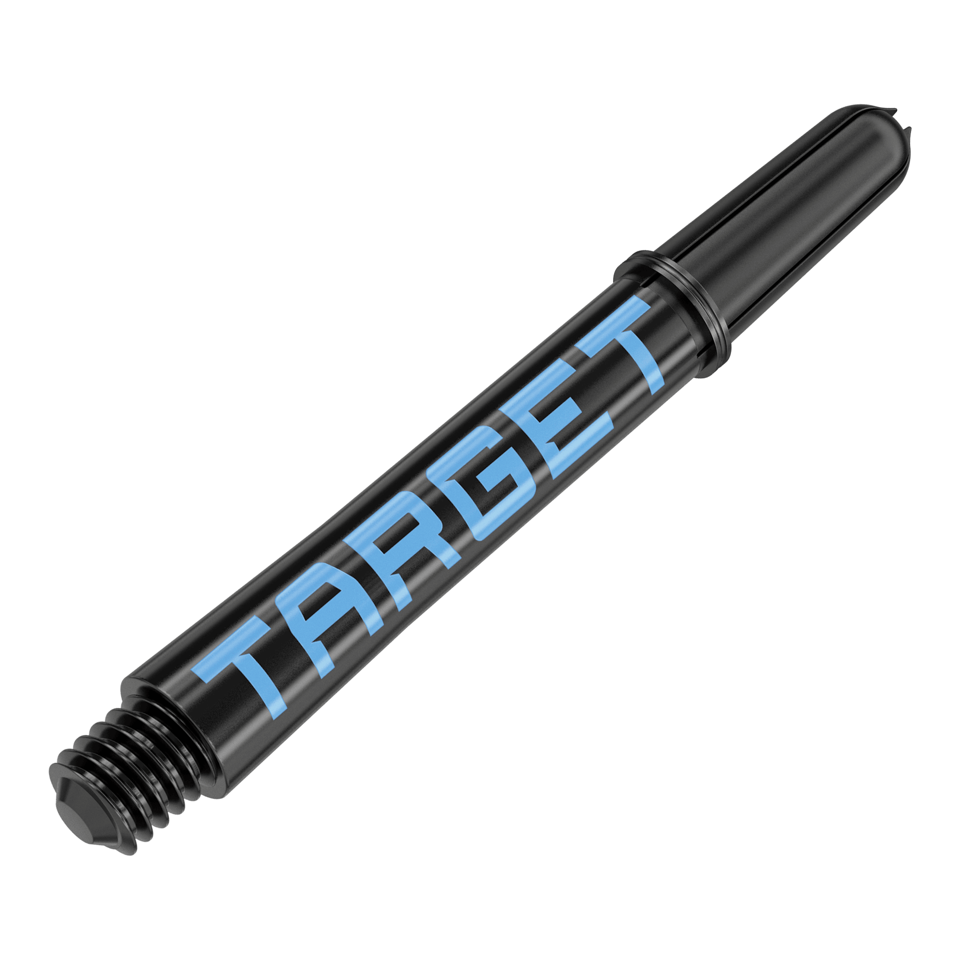 Target Pro Grip TAG Shafts - 3 Sets - Schwarz Blau Dies ist ein schwarzer Dart-Schaft mit blauer Schrift. Auf dem Schaft steht das Wort "TARGET".