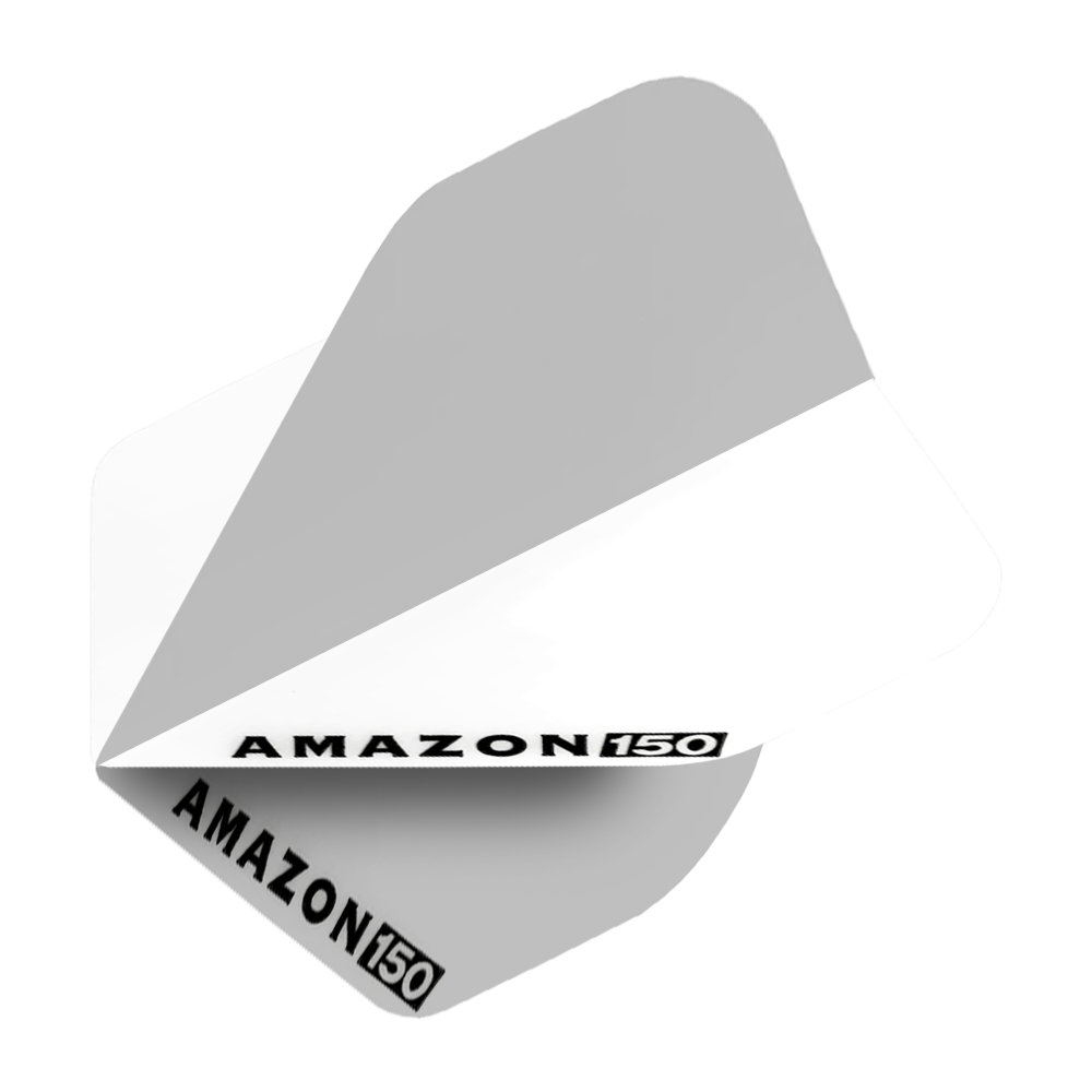 Das Bild zeigt ein weißes Amazon 150 Flights Dart-Flügel. Auf dem Flight steht in schwarzer Schrift "AMAZON 150".