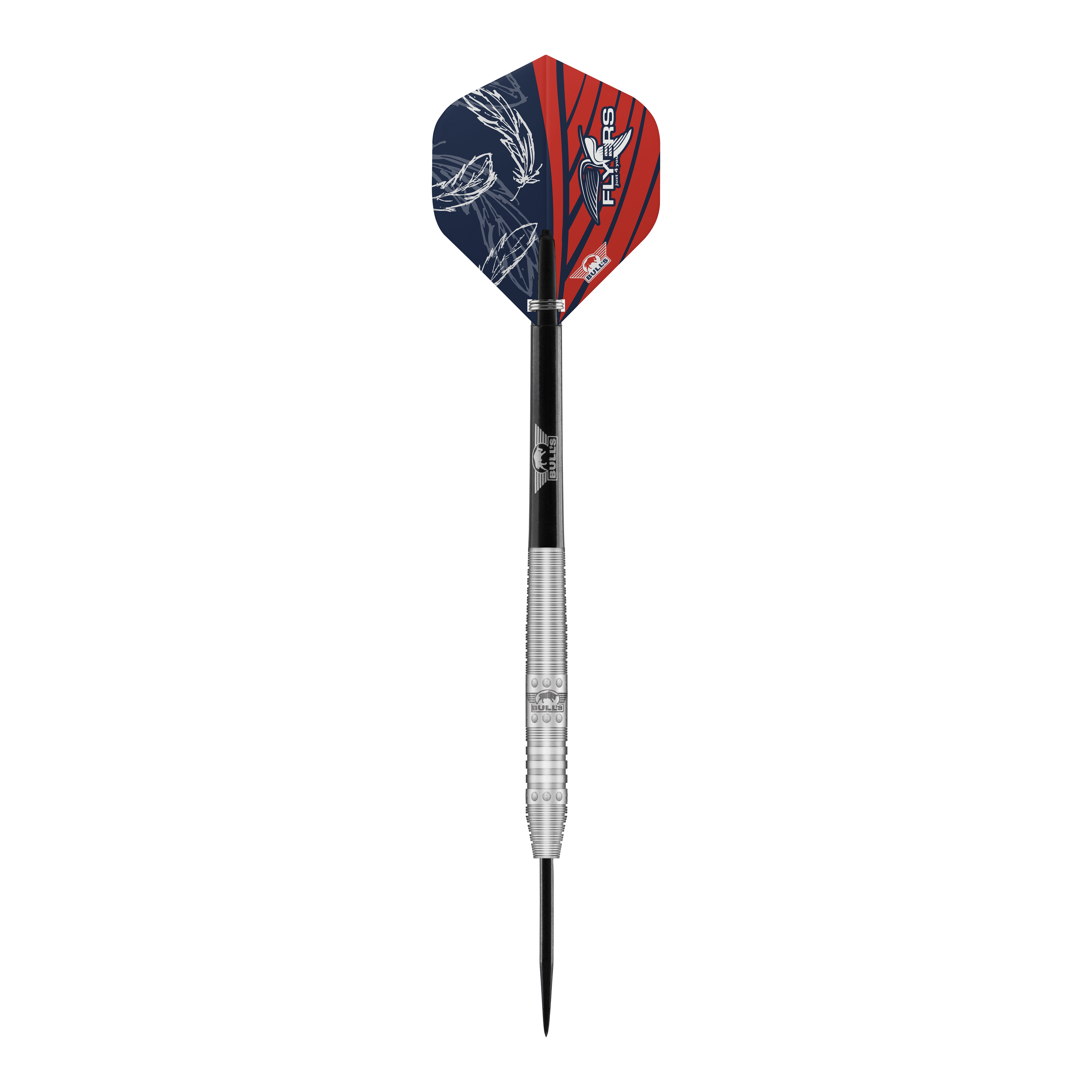 Das Bild zeigt einen Steeldartpfeil namens "Bulls NL Richard Veenstra 80 Steeldarts - 23g". Der Dart hat eine silberne, gerillte Spitze und bunte Flights in Blau und Rot mit weißen Mustern.