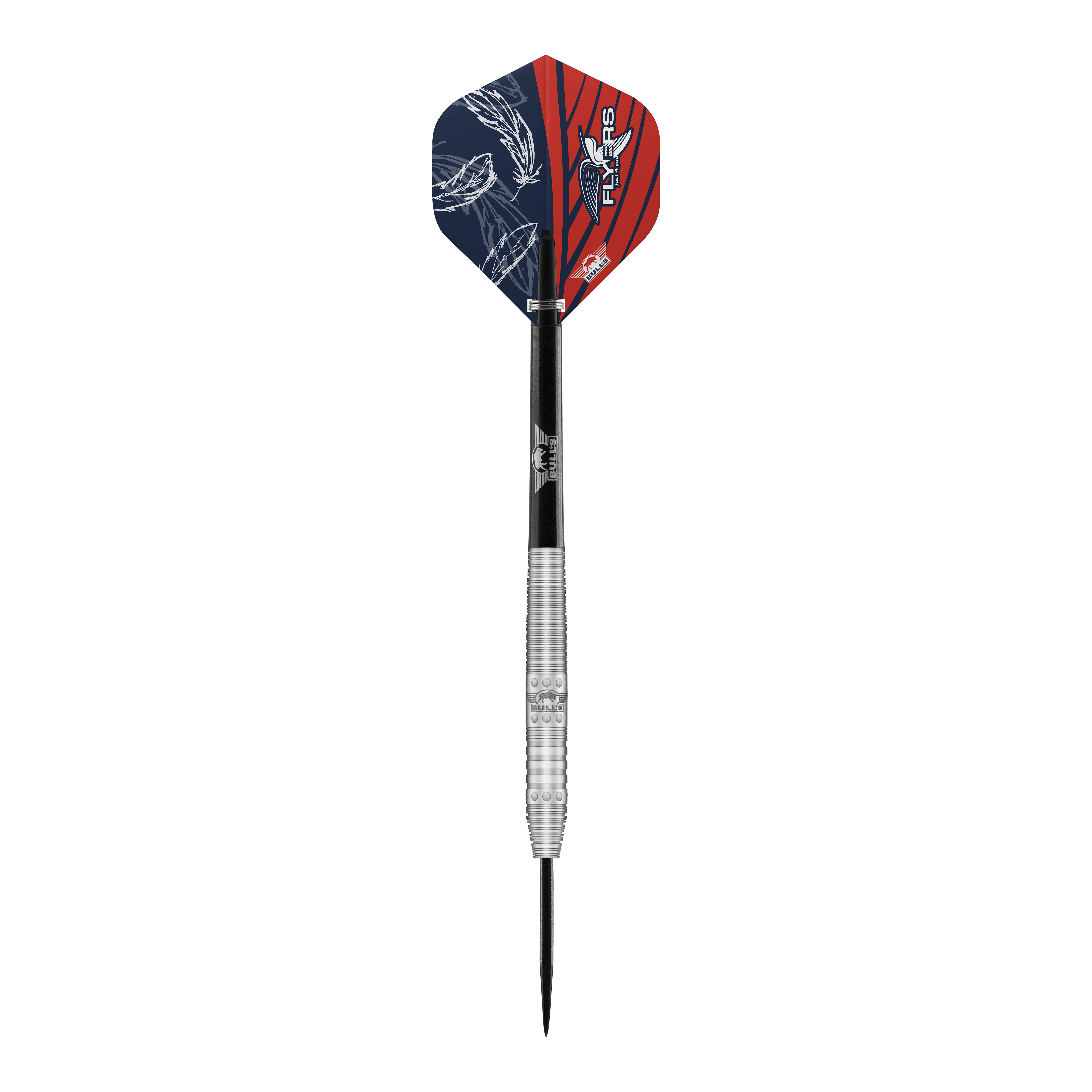 Bulls NL Richard Veenstra 80 Steeldarts - 23g Das Bild zeigt einen Steeldartpfeil namens "Bulls NL Richard Veenstra 80 Steeldarts - 23g". Der Dart hat eine silberne, gerillte Spitze und bunte Flights in Blau und Rot mit weißen Mustern.