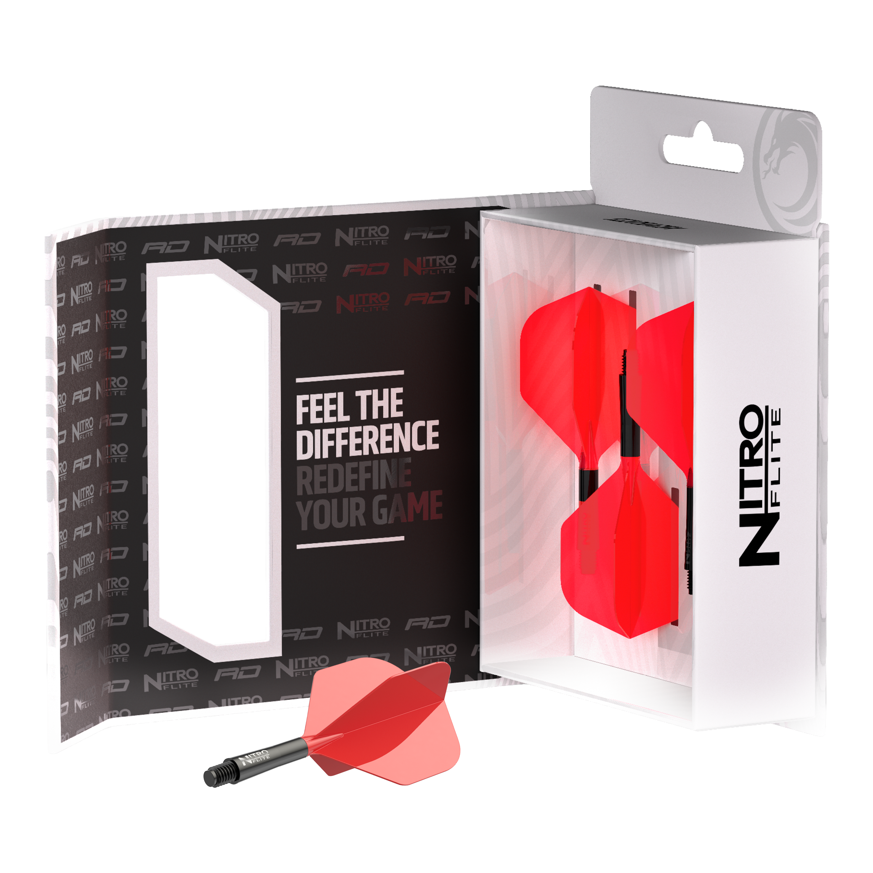 Zu sehen ist Red Dragon Nitroflite - Black Shaft Red No2 Flights. Die Dart-Flights zeigen ein Design in Schwarz und Rot.