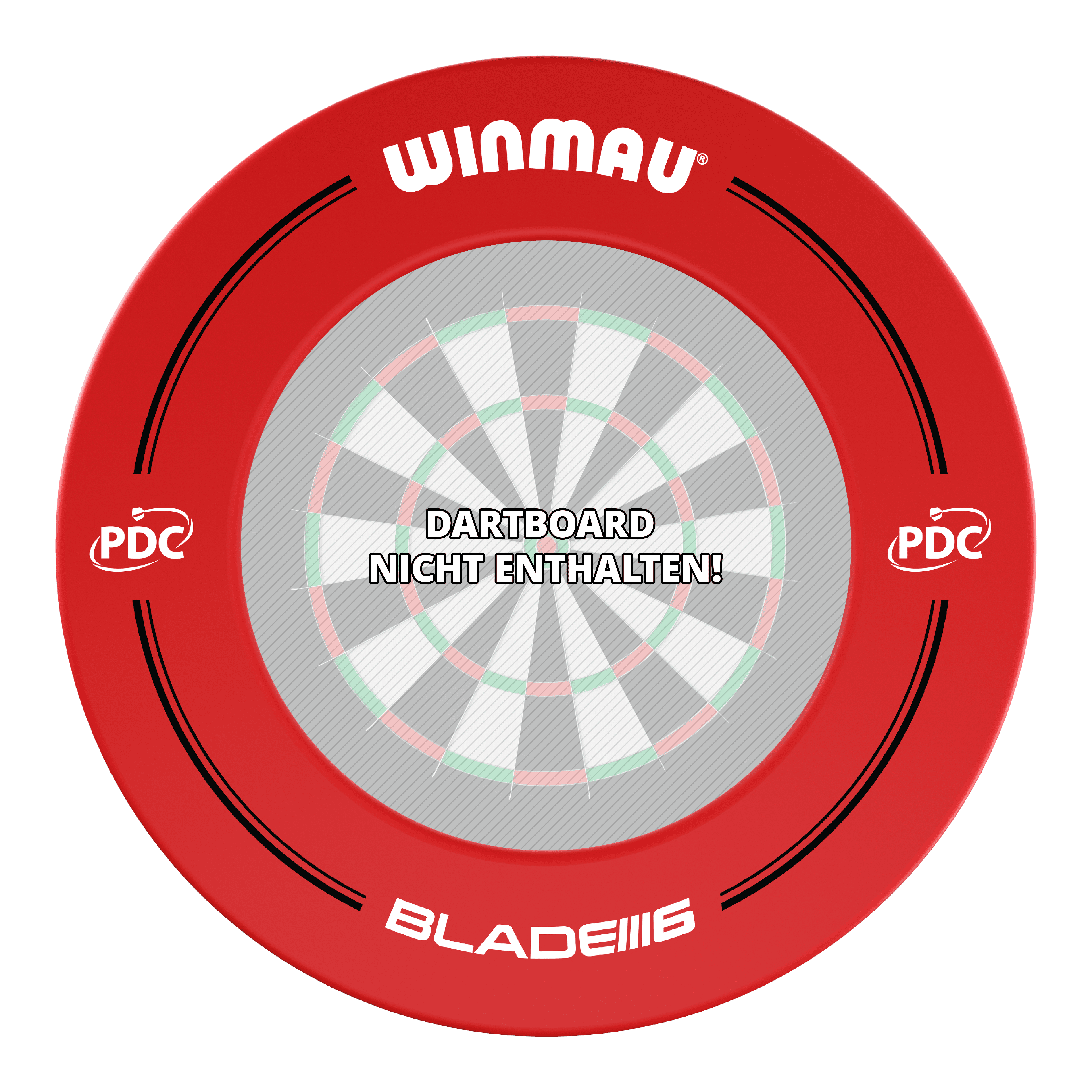 Das Bild zeigt einen roten Winmau PDC Dartboard Surround. In der Mitte steht: "Dartboard nicht enthalten!"