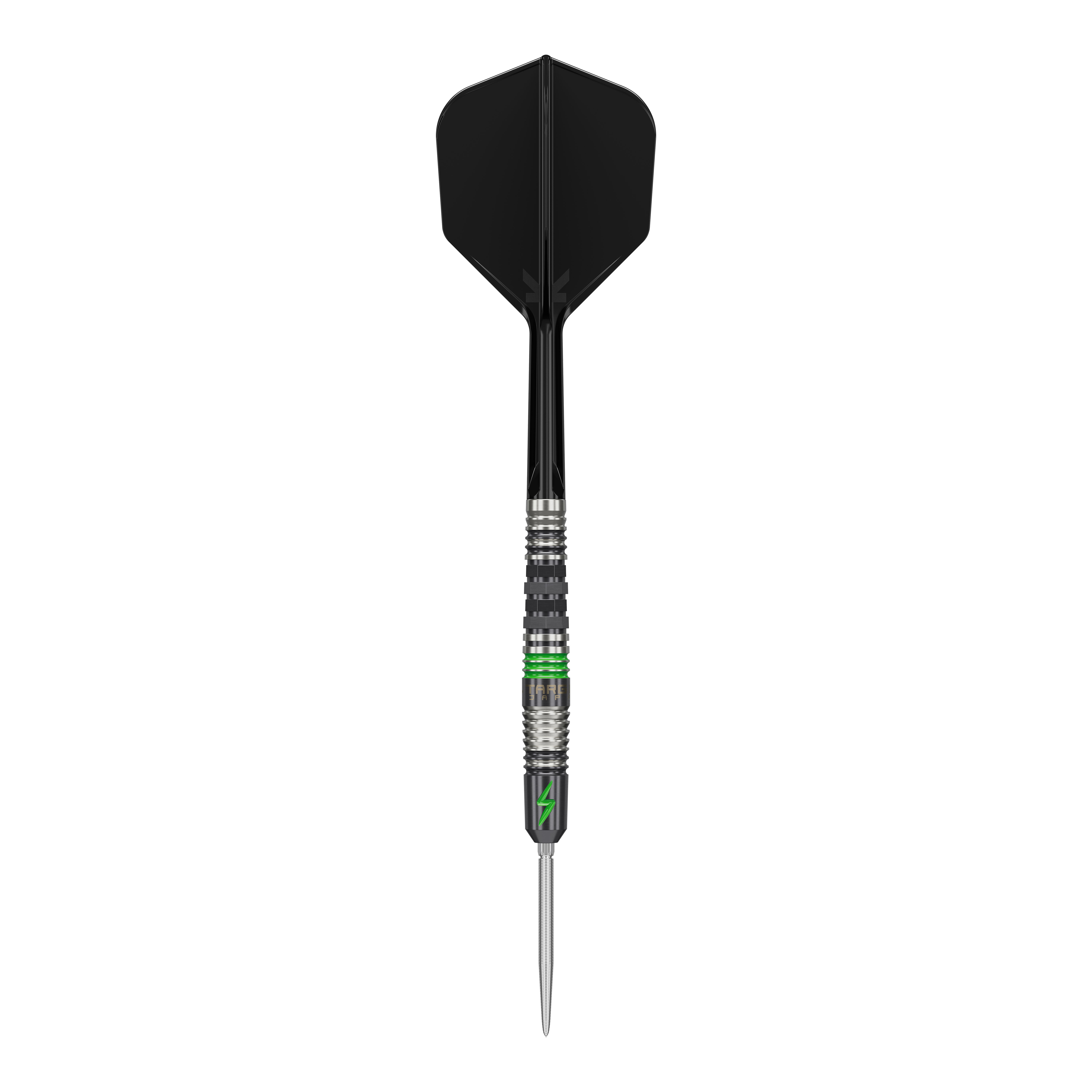 Target Japan Black Marque Lightning 3 SP Steeldarts Das Bild zeigt einen Target Japan Black Marque Lightning 3 SP Steeldart. Der Dartpfeil hat ein schwarzes Flight und Details in Silber und Grün am Schaft.