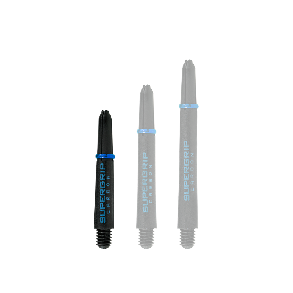 Das Bild zeigt drei Harrows Supergrip Carbon Shafts in der Farbe Aqua. Sie sind unterschiedlich lang und haben ein schwarzes Design mit blauen Akzenten.
