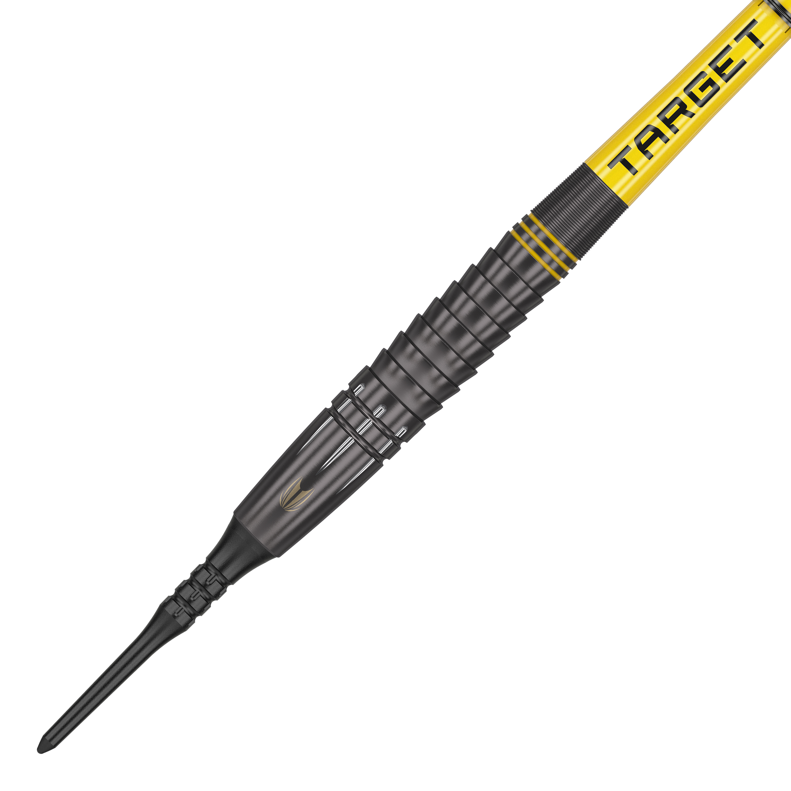 Target Scott Williams Shaggy Black Softdarts - 20g Das Bild zeigt einen schwarzen Softdart mit gelben Akzenten und der Aufschrift "TARGET". Es handelt sich um das Produkt "Target Scott Williams Shaggy Black Softdarts - 20g".