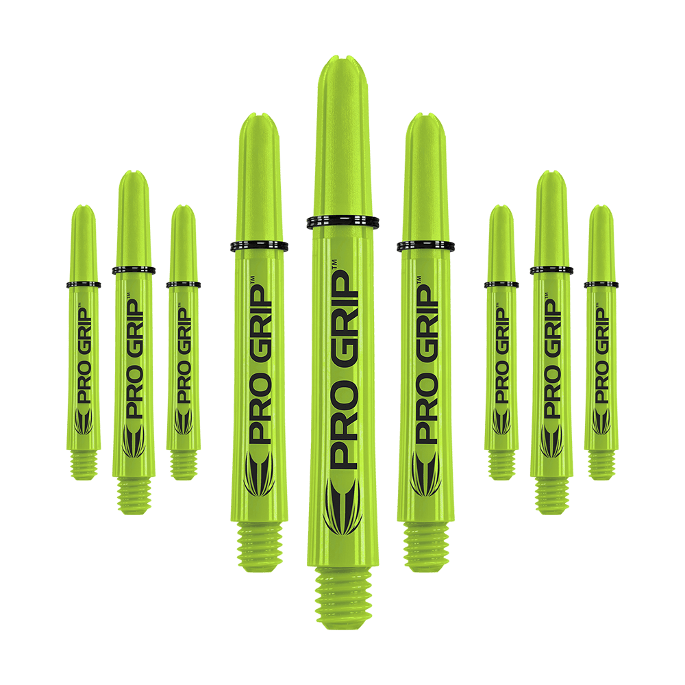 Target Pro Grip Shafts - 3 Sets - Lime Green Auf dem Bild sind neun limegrüne Dart-Schäfte mit der Aufschrift "PRO GRIP" zu sehen. Sie stehen aufrecht und sind gleichmäßig angeordnet.