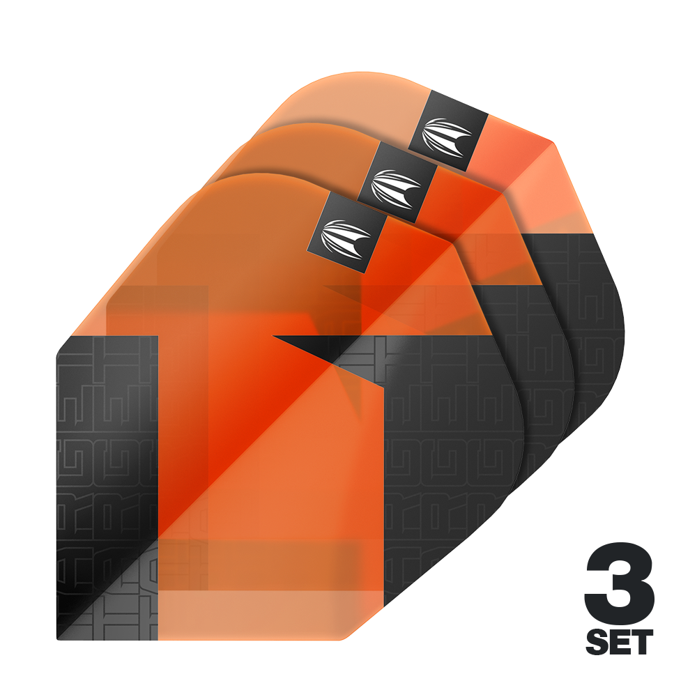 Das Bild zeigt drei Sätze orangefarbener Dart-Flights mit schwarzem Muster. In der rechten unteren Ecke steht "3 SET".