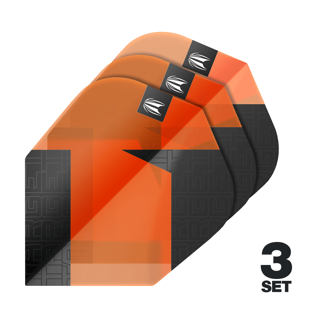 Target Pro Ultra TAG Orange No6 Standard Flights - 3 Sets Das Bild zeigt drei Sätze orangefarbener Dart-Flights mit schwarzem Muster. In der rechten unteren Ecke steht "3 SET".