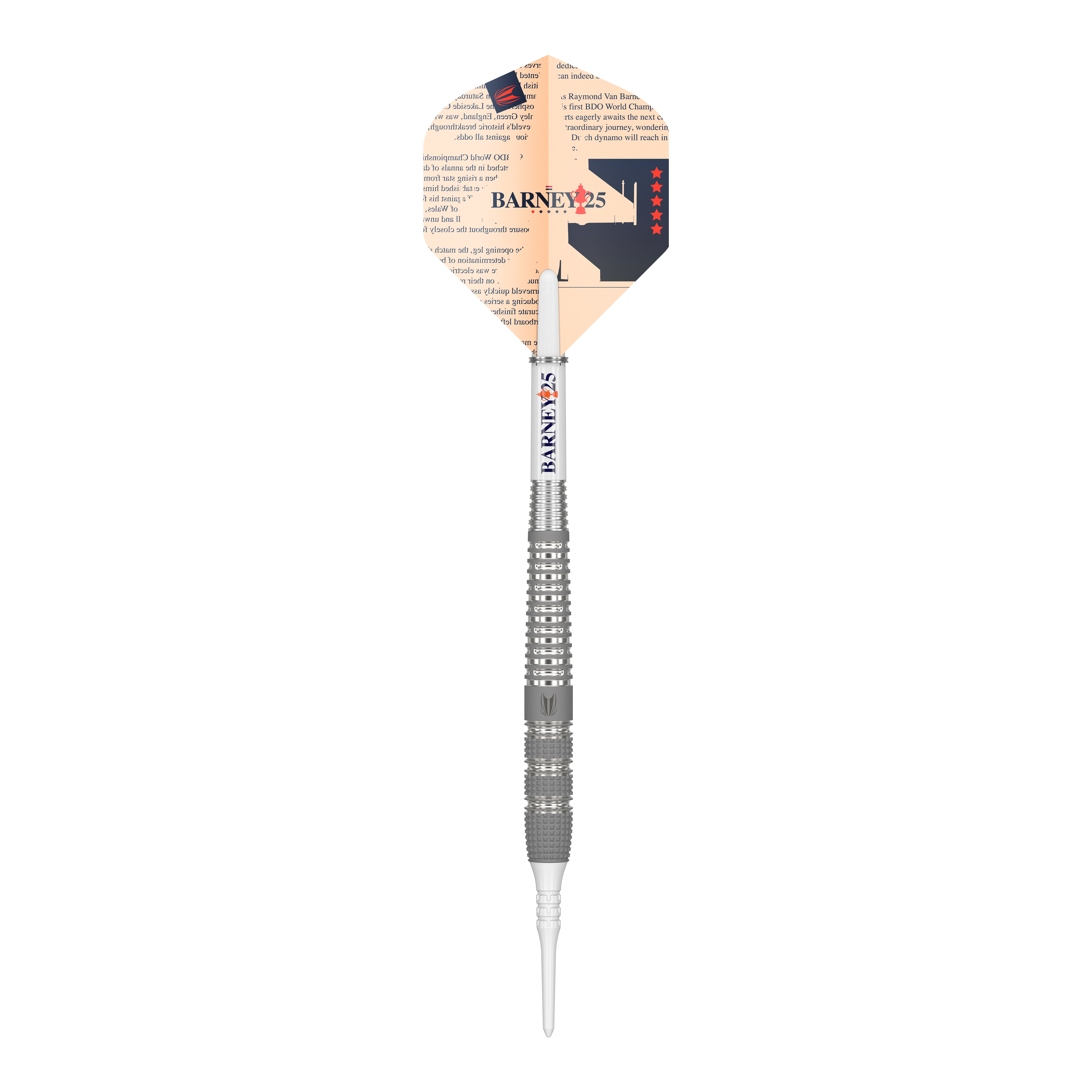 Auf dem Bild ist ein Softdart namens "Target Raymond Van Barneveld Barney25" zu sehen. Der Dart hat einen silbernen Schaft und eine bedruckte Flight mit dem Schriftzug "BARNEY25".