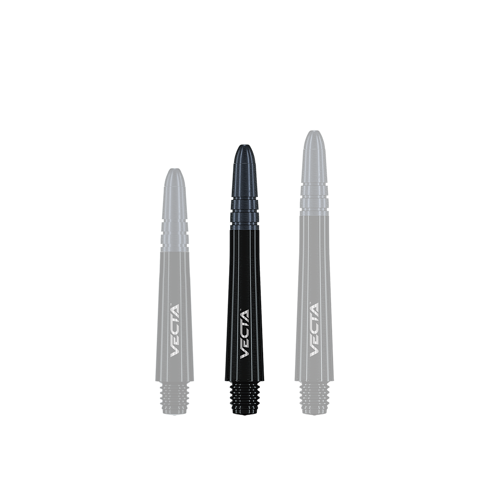 7025-401_Winmau_Vecta_Shafts_Schwarz_37mm_1 Auf dem Bild sind drei schwarze Dartschäfte der Marke Vecta zu sehen. Sie stehen nebeneinander und haben unterschiedliche Längen.