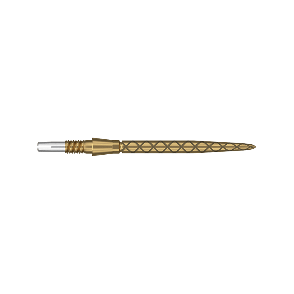 Target Swiss Storm Diamond Point Dartspitzen - Gold Das Bild zeigt eine goldene Dartspitze mit einem Rautenmuster. Am hinteren Ende befindet sich ein silberner Gewindeaufsatz.