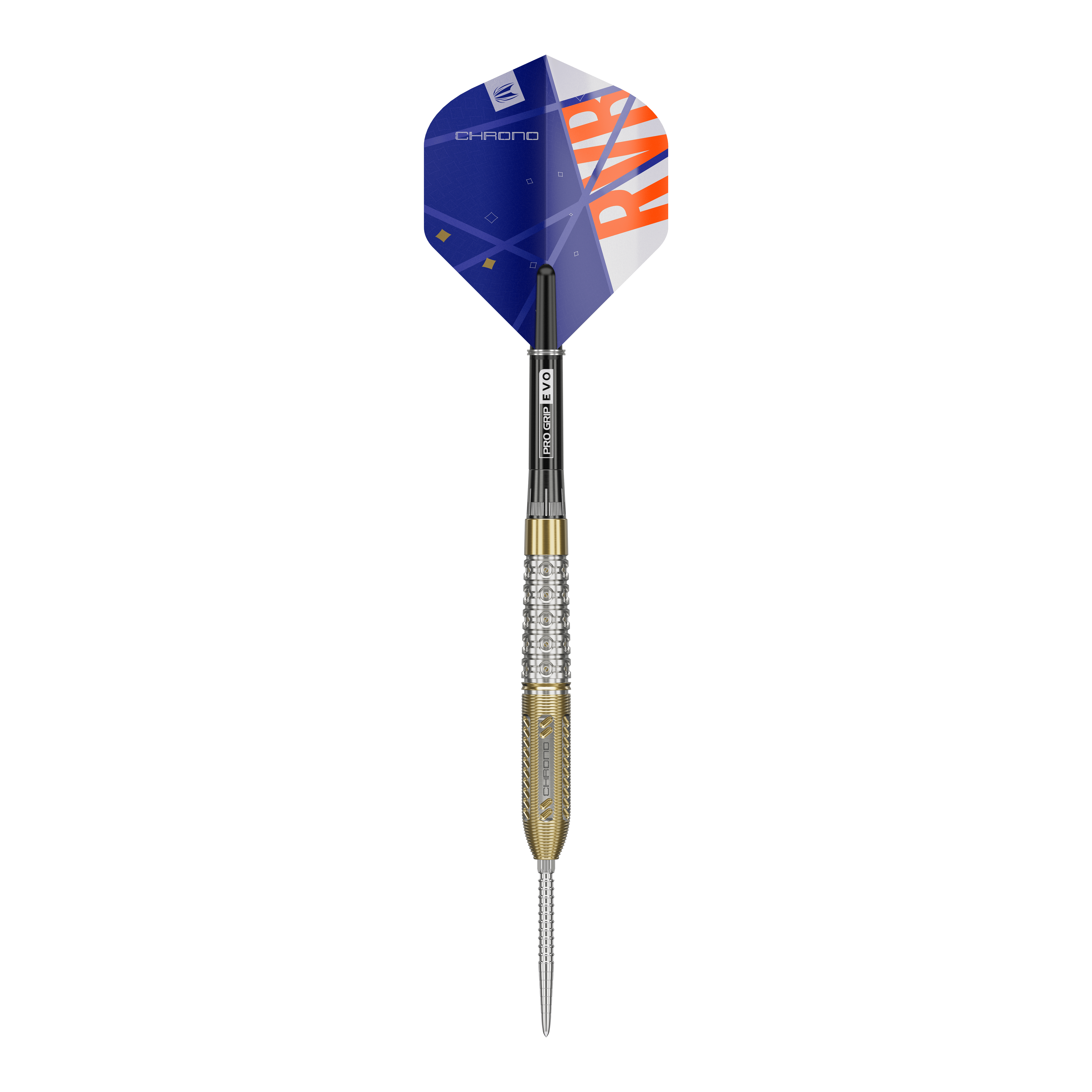 Dies ist ein Steeldart der Marke Target, Modell Raymond Van Barneveld Chrono 95 Swiss Point. Der Dart hat ein modernes Design mit gold-silbernem Barrel und einem blauen Flight mit orangen Details.