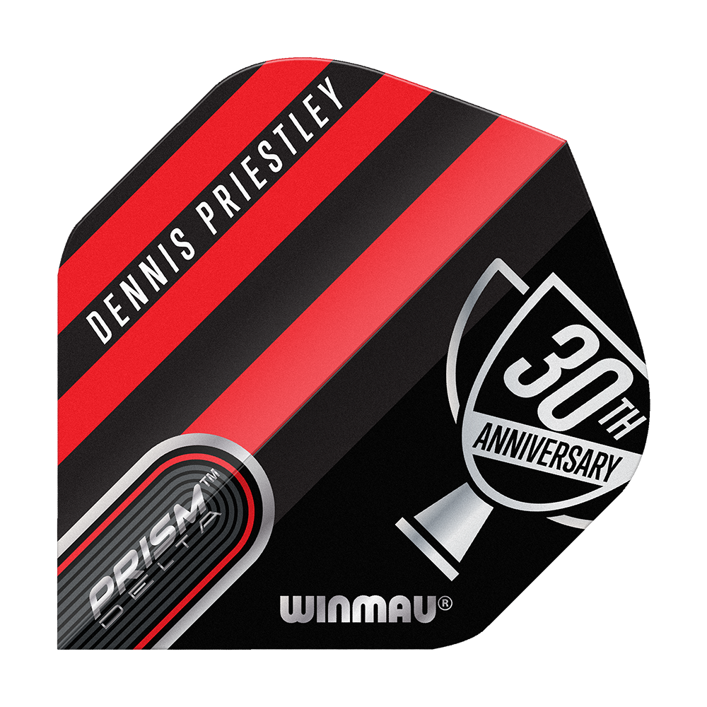 Winmau Prism Delta Dennis Priestley Diamond 3-Zero No2 Standard Flights Das Bild zeigt ein Dart-Flight mit dem Namen "Dennis Priestley" und einem schwarz-roten Design. Auf dem Flight steht zudem "30th Anniversary" und "Winmau Prism Delta".