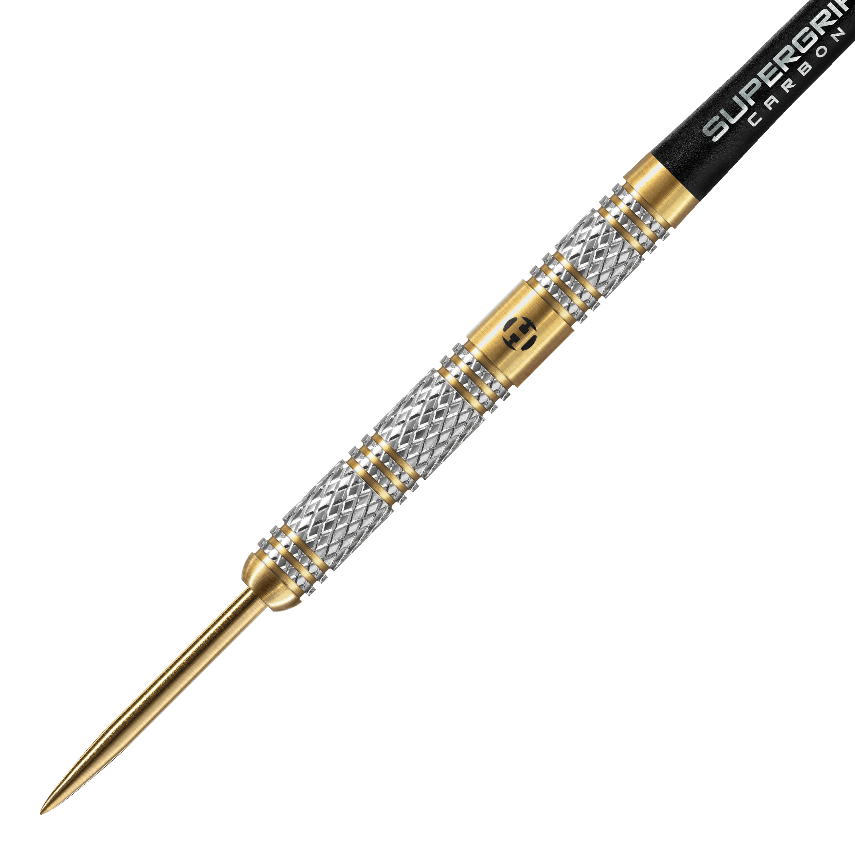 Harrows Anniversary Edition Magnum Steeldarts Das Bild zeigt einen Harrows Anniversary Edition Magnum Steeldart. Der Dartpfeil hat ein silber-goldenes Design mit einer schwarzen Spitze am hinteren Teil.