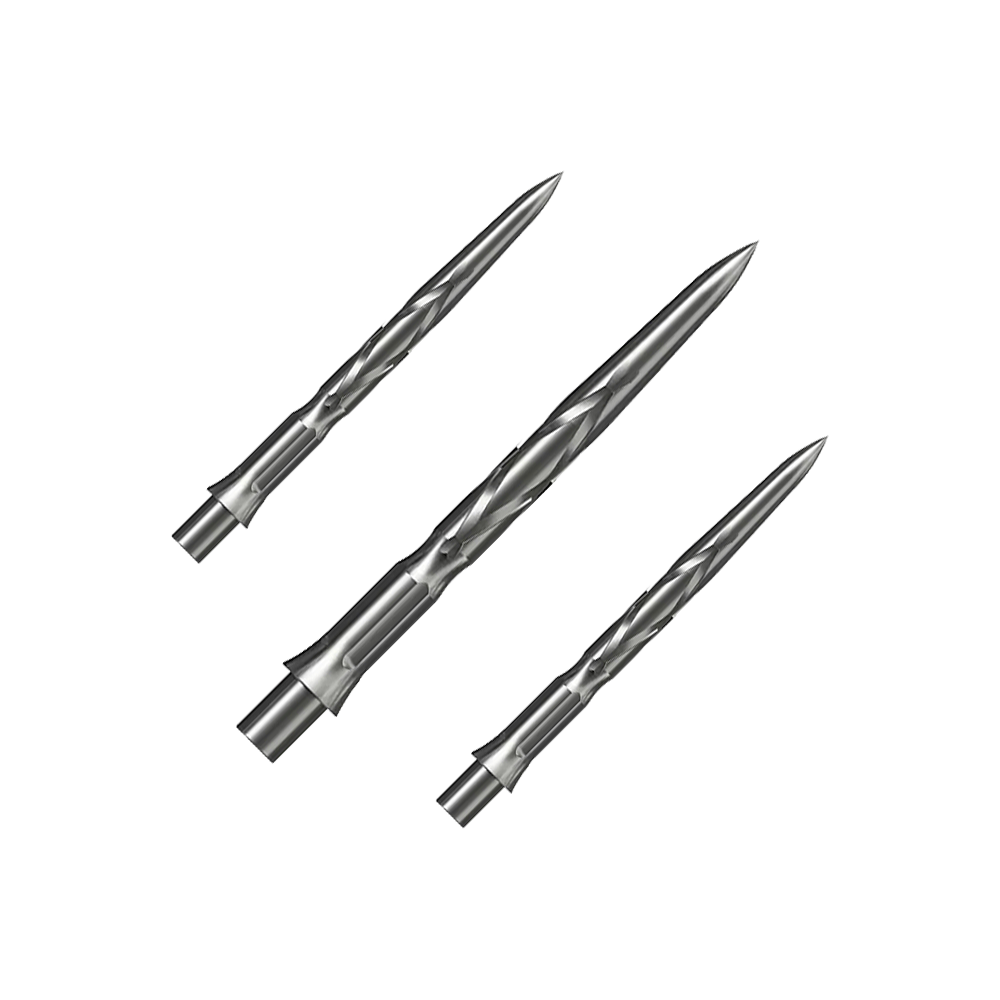 Caliburn System Steeldartspitzen - HAN G2 - Silber Auf dem Bild sind drei silberne Steeldartspitzen zu sehen. Sie haben eine spitz zulaufende Form mit eingeritztem Muster.