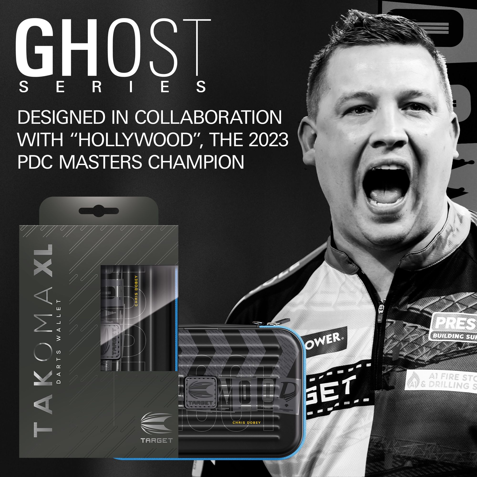 Das Bild zeigt das Takoma XL Ghost Series Chris Dobey Dartcase. Das Dartcase schützt Dartzubehör vor Beschädigungen.