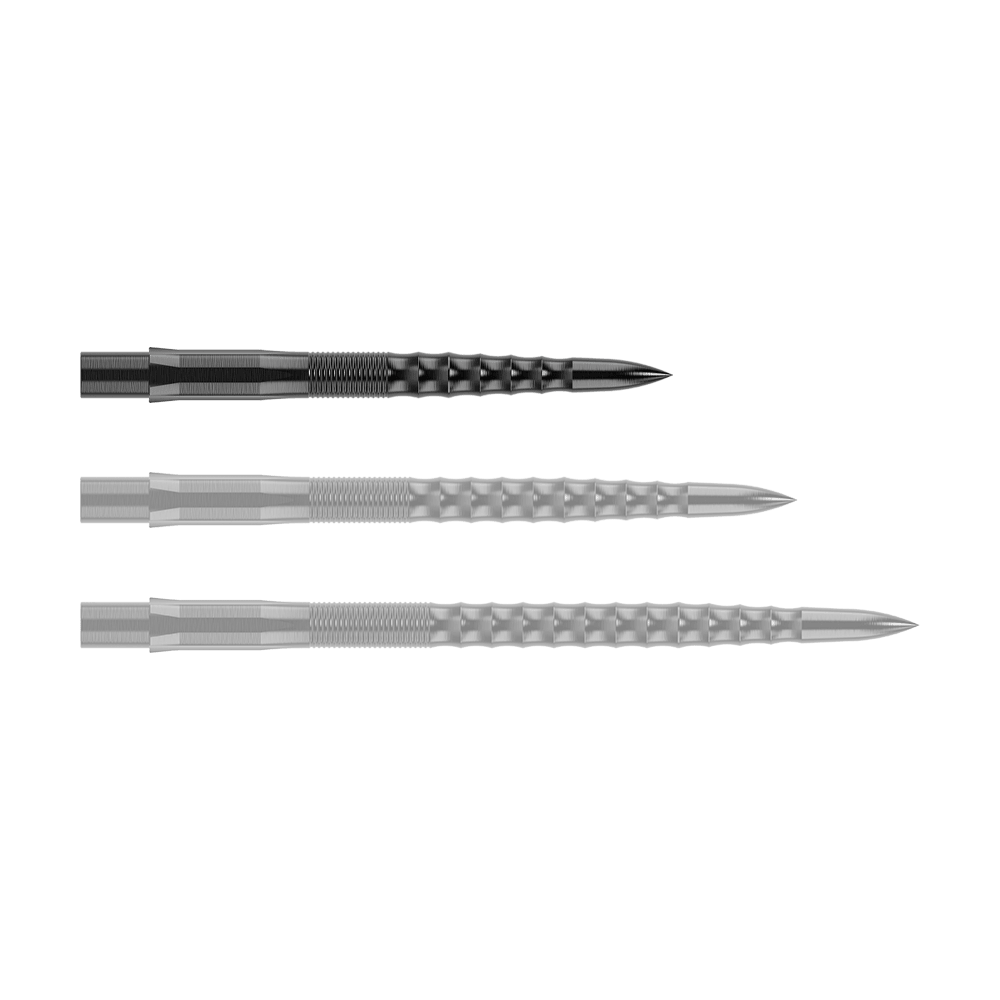 Mission Caliburn EVO Dartspitzen - Ripple - Schwarz Das Bild zeigt drei schwarze Steeldartspitzen mit einer geriffelten Oberfläche. Sie sind nebeneinander angeordnet und haben eine spitz zulaufende Form.