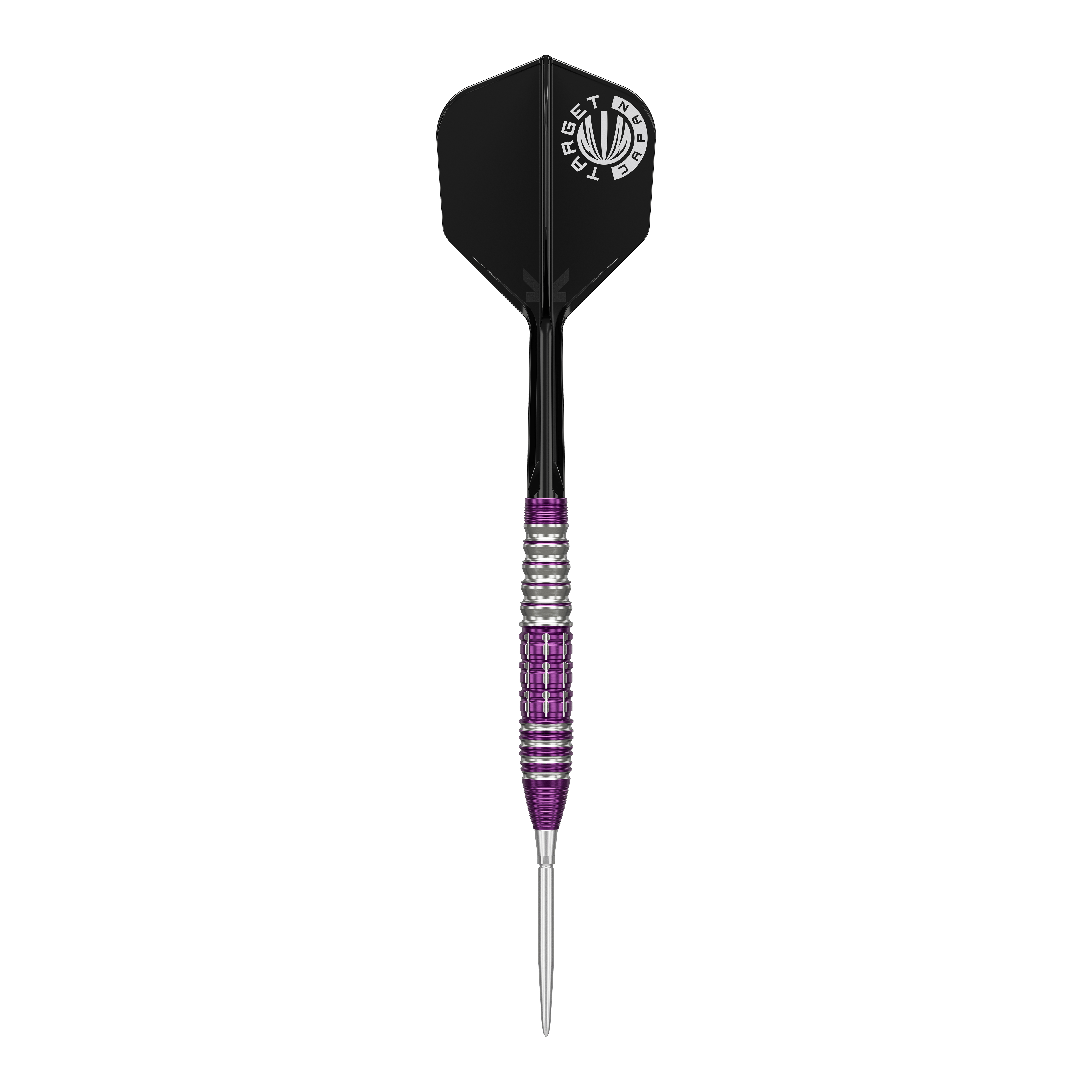 Das Bild zeigt einen Steeldartpfeil aus der Target Japan Prime Series mit silber-lila geriffeltem Barrel und schwarzer Flight. Auf dem Flight ist ein weißes Logo mit der Aufschrift "TARGET JAPAN" zu sehen.