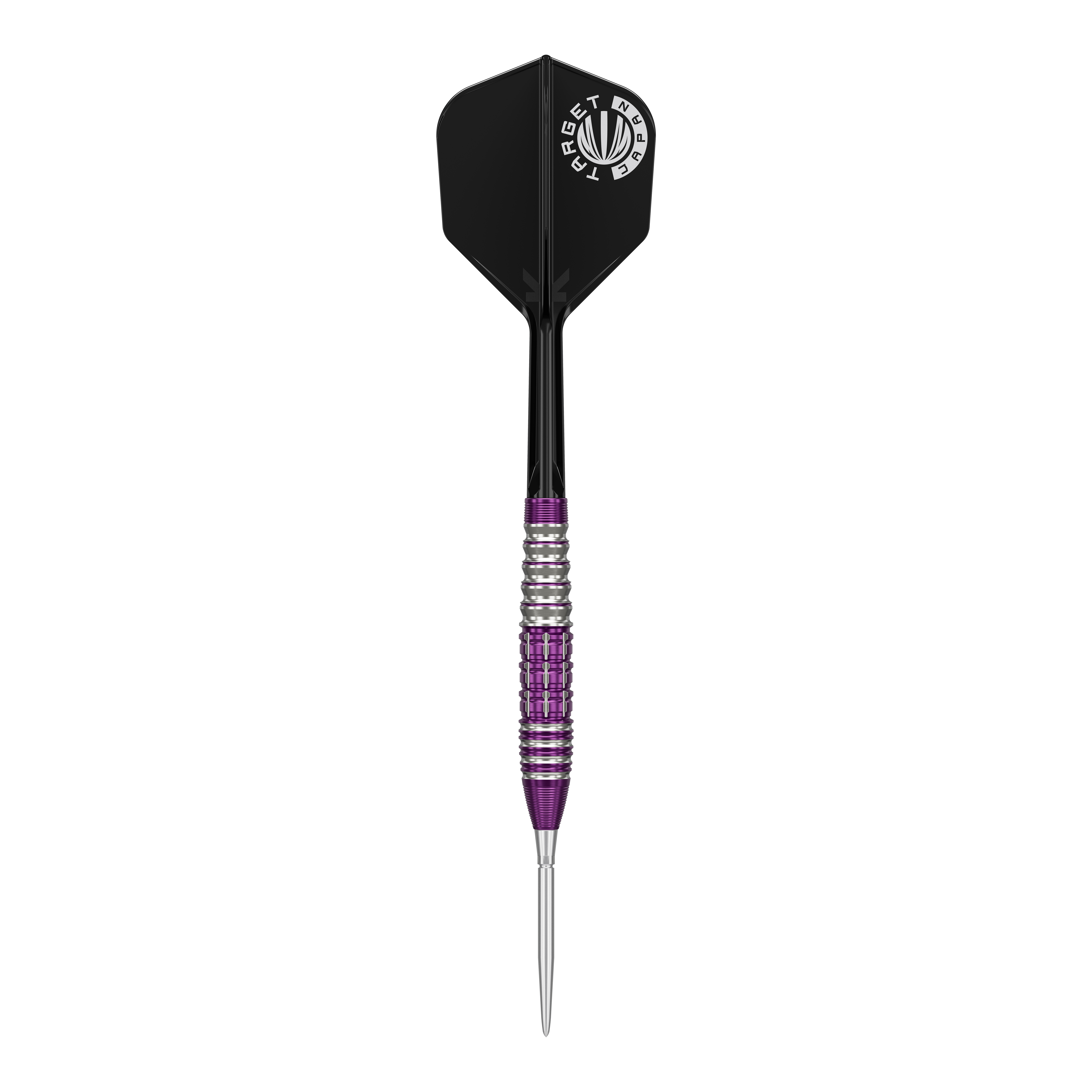 Target Japan Prime Series Tung Suk Zenith GEN1 Swiss Point Steeldarts - 23g Das Bild zeigt einen Steeldartpfeil aus der Target Japan Prime Series mit silber-lila geriffeltem Barrel und schwarzer Flight. Auf dem Flight ist ein weißes Logo mit der Aufschrift "TARGET JAPAN" zu sehen.