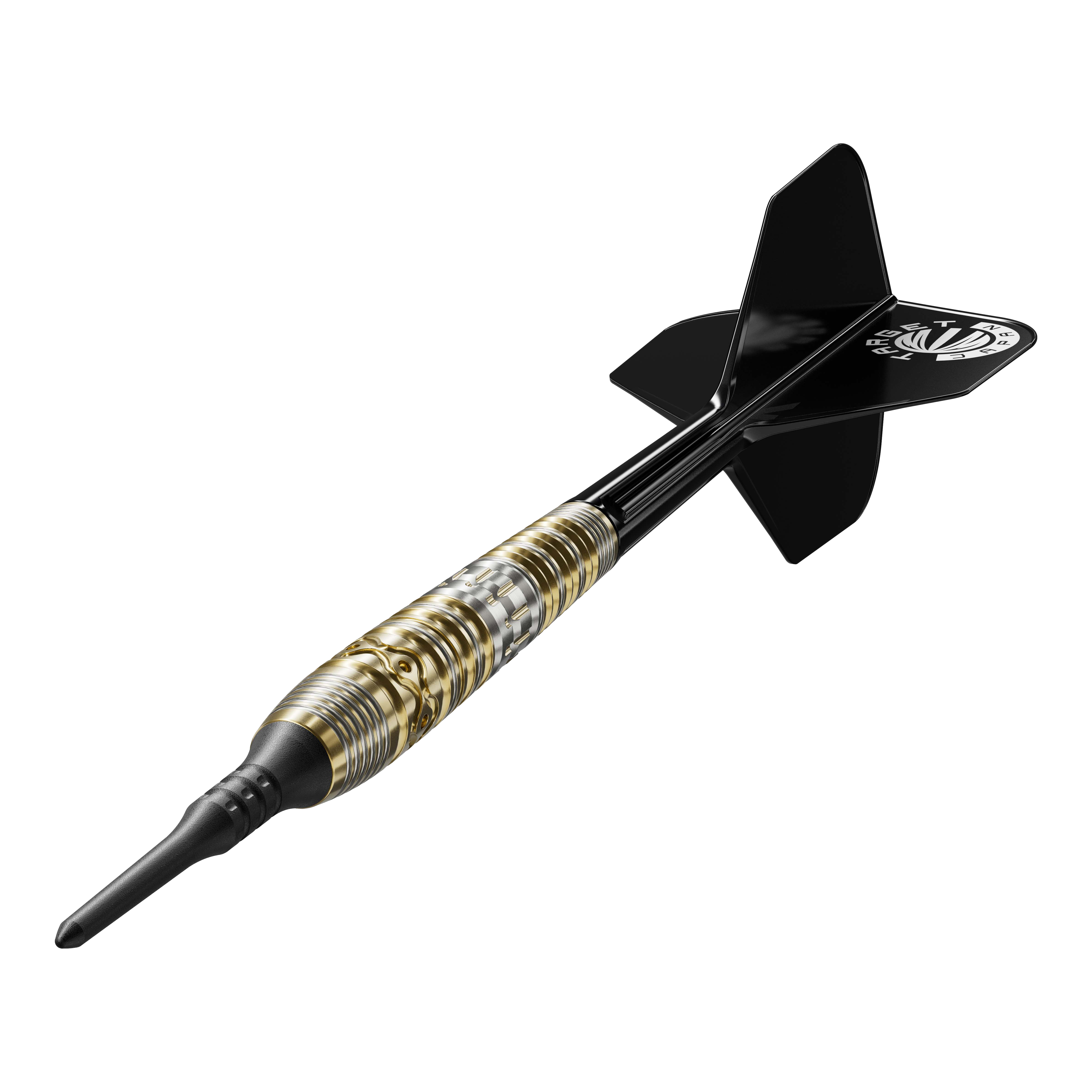 Target Japan Hot Shot GEN2 Softdarts - 19g Das Bild zeigt einen Softdartpfeil namens "Target Japan Hot Shot GEN2 Softdarts - 19g". Der Dart hat ein schwarz-goldenes Design mit einer schwarzen Spitze und schwarzen Flights.