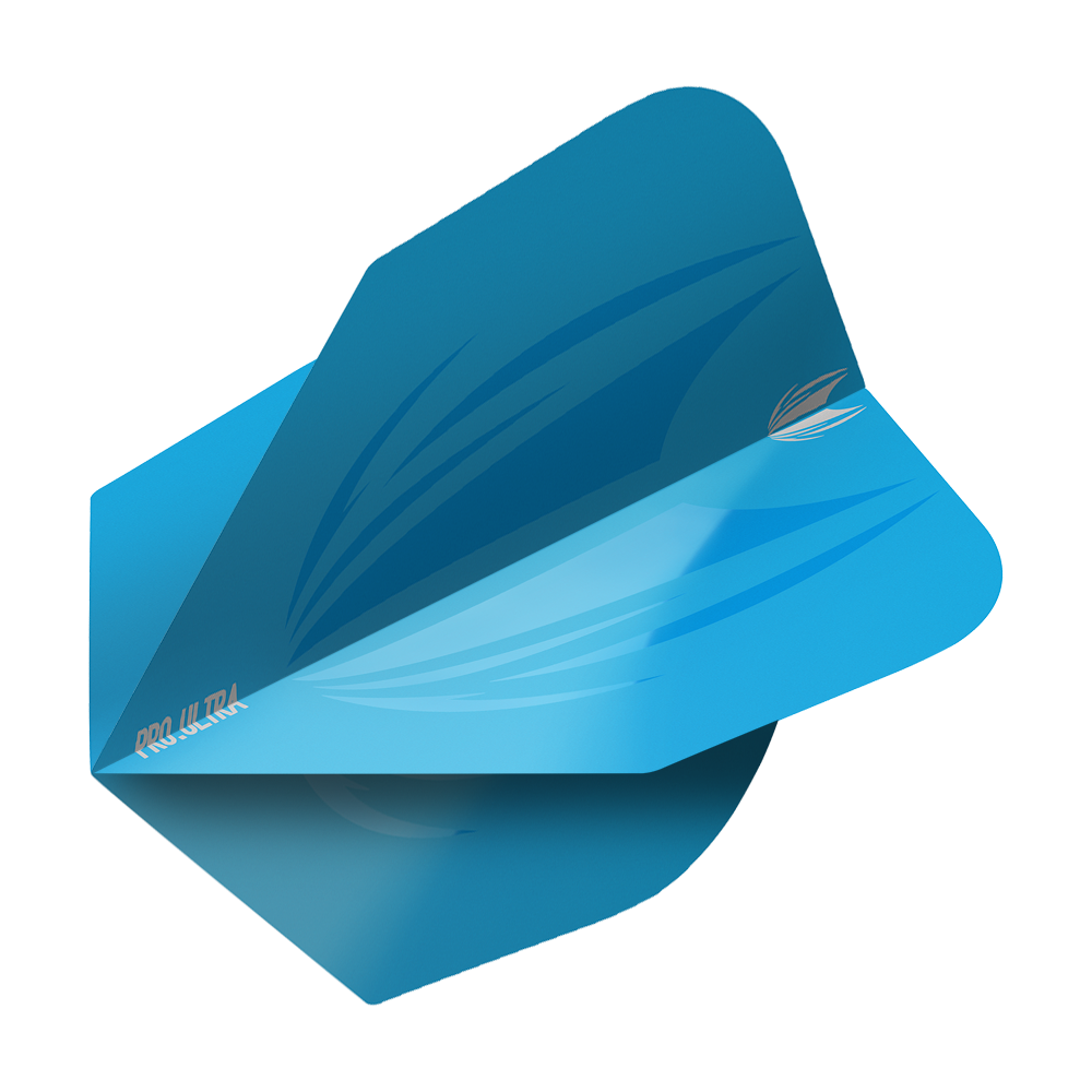 TG439_Target_ProUltra_ID_Lime_Blue_No6_Flights_2 Das Bild zeigt ein blaues Dart-Flight mit einem modernen Design. Auf dem Flight steht "PRO ULTRA" in kleinen Buchstaben geschrieben.