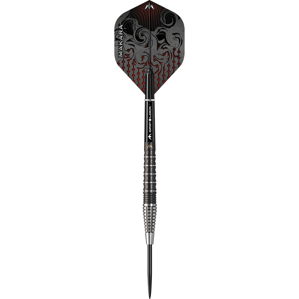 Mission Makara M2 Steeldarts - 23g Das Bild zeigt einen Mission Makara M2 Steeldart mit einem Gewicht von 23 Gramm. Der Dart hat ein auffälliges Design mit schwarzen und roten Verzierungen auf dem Flight.